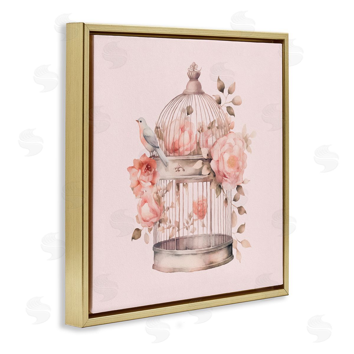 Bird Cage with Rose Blooms Gold Floating Frame Canvas Wall Art, Home Decor by Andrea Haase
