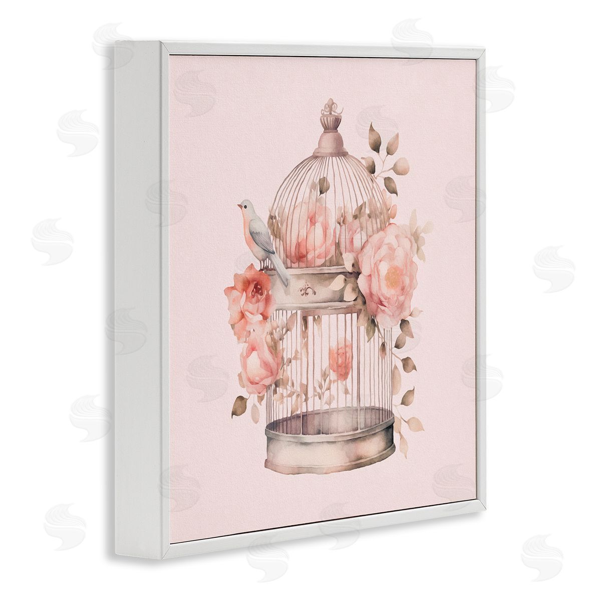Bird Cage with Rose Blooms White Frame Print Wall Art, Home Decor by Andrea Haase