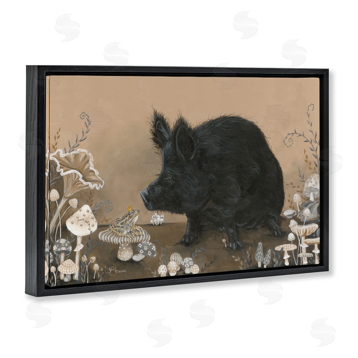 Hog and Frog with Mushrooms Black Floating Frame Canvas Wall Art, Home Decor by Hollihocks Art