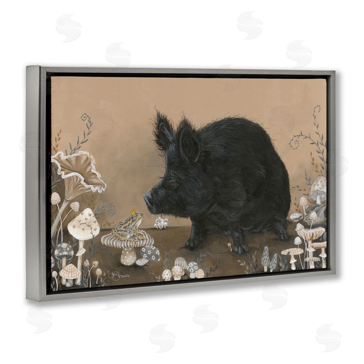 Hog and Frog with Mushrooms Grey Floating Frame Canvas Wall Art, Home Decor by Hollihocks Art
