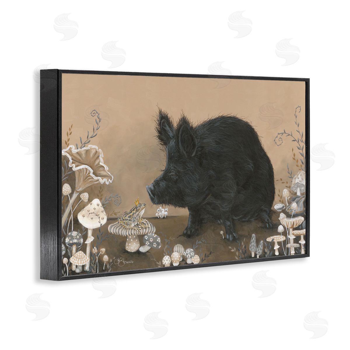 Hog and Frog with Mushrooms Black Frame Print Wall Art, Home Decor by Hollihocks Art