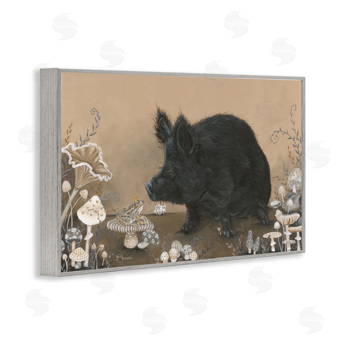 Hog and Frog with Mushrooms Grey Frame Print Wall Art, Home Decor by Hollihocks Art