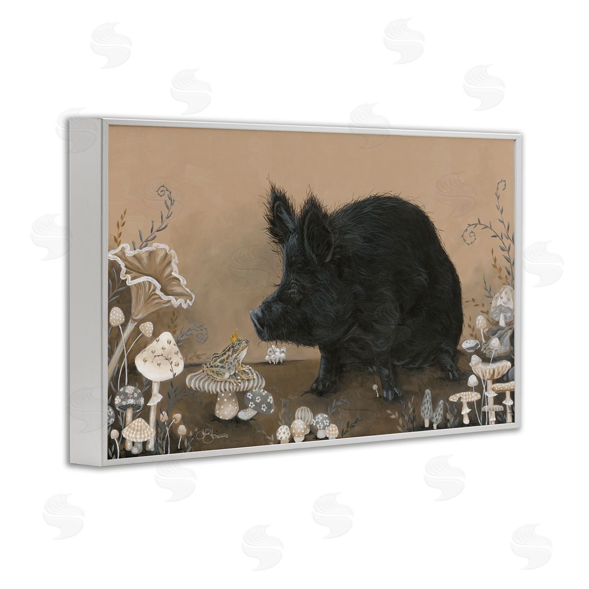 Hog and Frog with Mushrooms White Frame Print Wall Art, Home Decor by Hollihocks Art