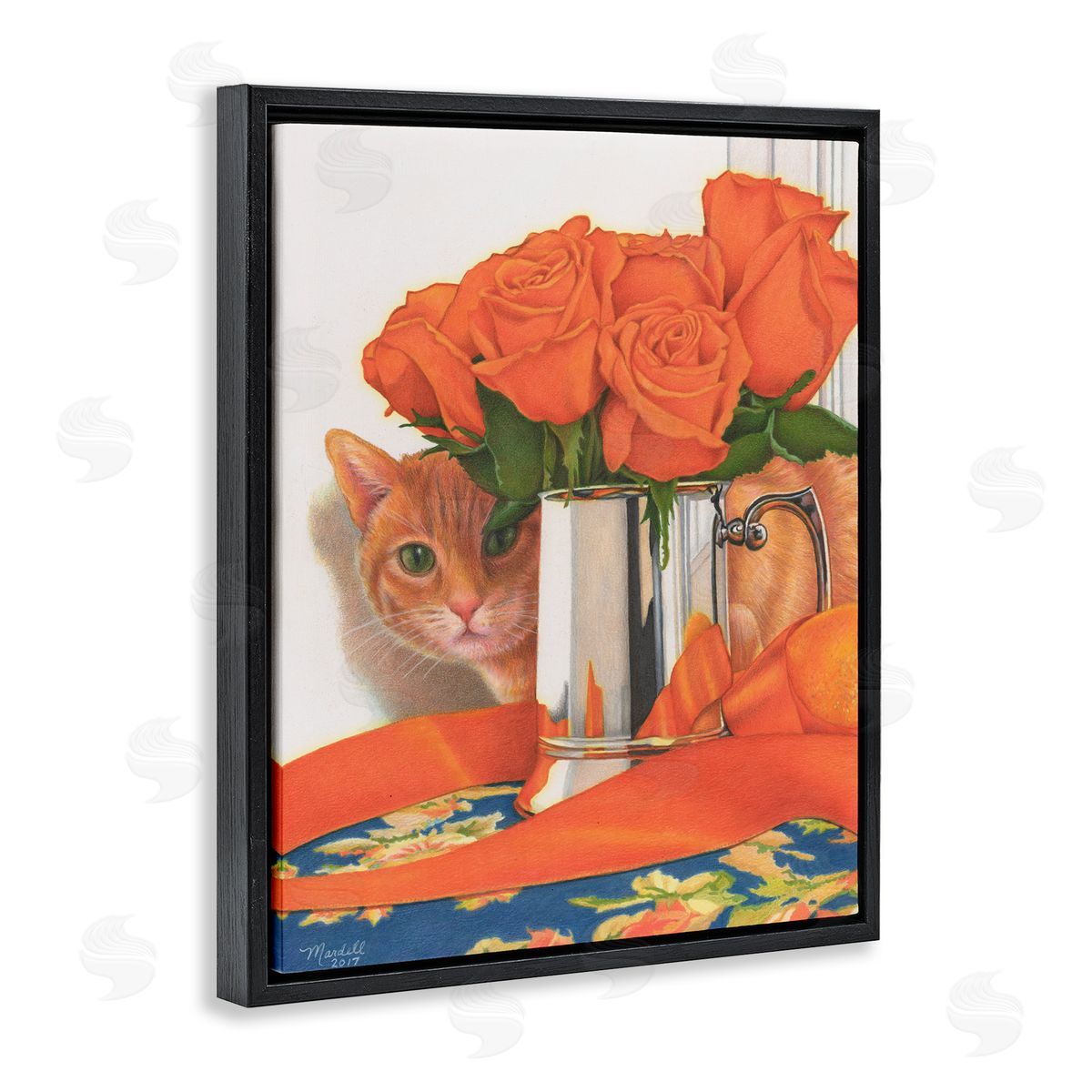 Cat Peeking Rose Bouquet Black Floating Frame Canvas Wall Art, Home Decor by Mardell Schuster