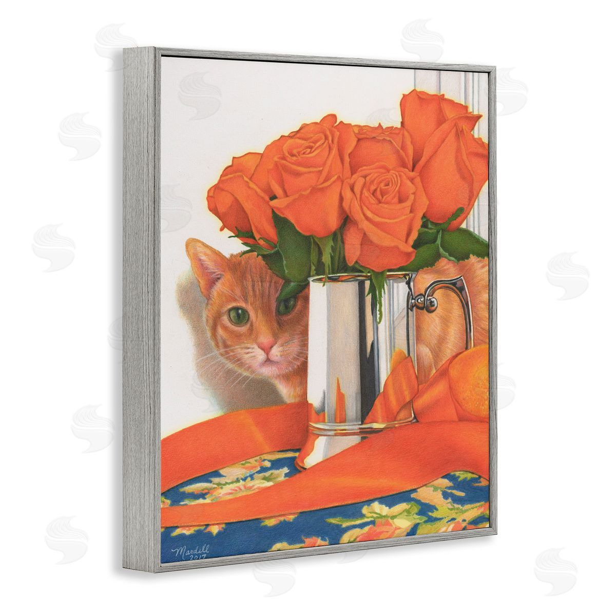 Cat Peeking Rose Bouquet Grey Frame Print Wall Art, Home Decor by Mardell Schuster