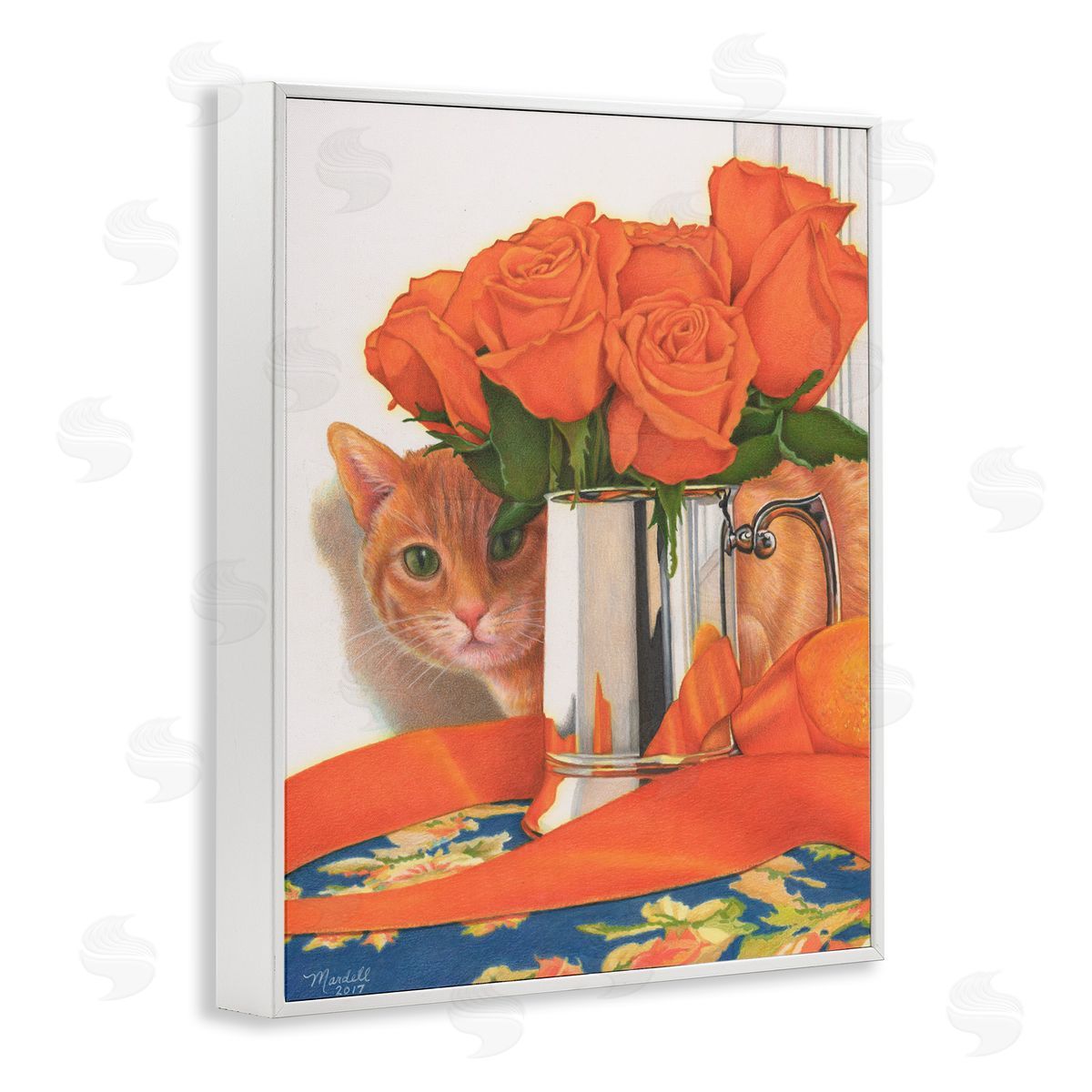 Cat Peeking Rose Bouquet White Frame Print Wall Art, Home Decor by Mardell Schuster