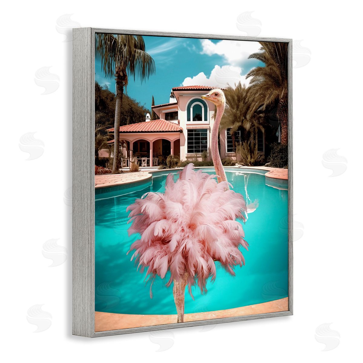 Pink Feathered Ostrich Grey Frame Print Wall Art, Home Decor by Ziwei Li