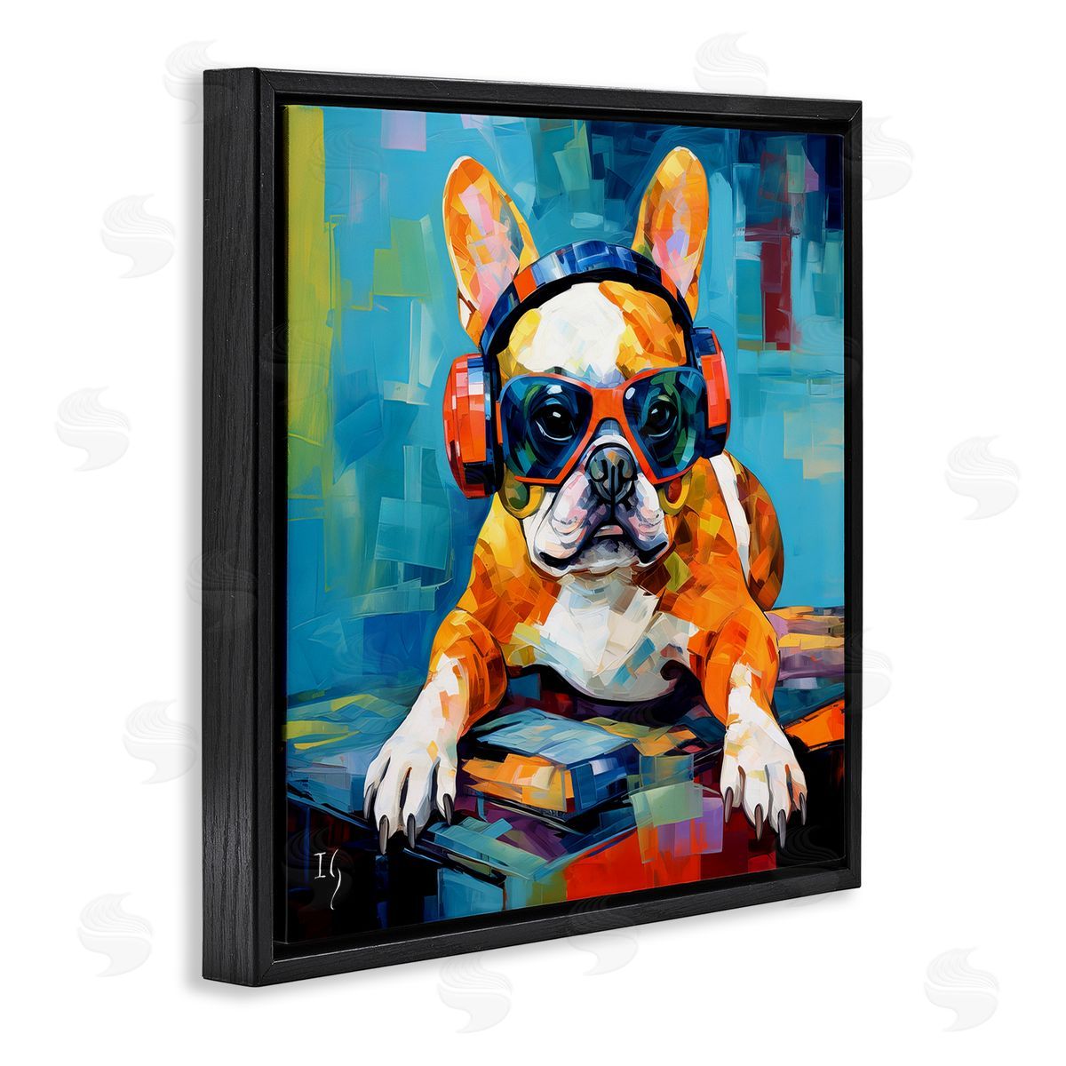 French Bulldog with Headphones Black Floating Frame Canvas Wall Art, Home Decor by Ivan Guaderrama
