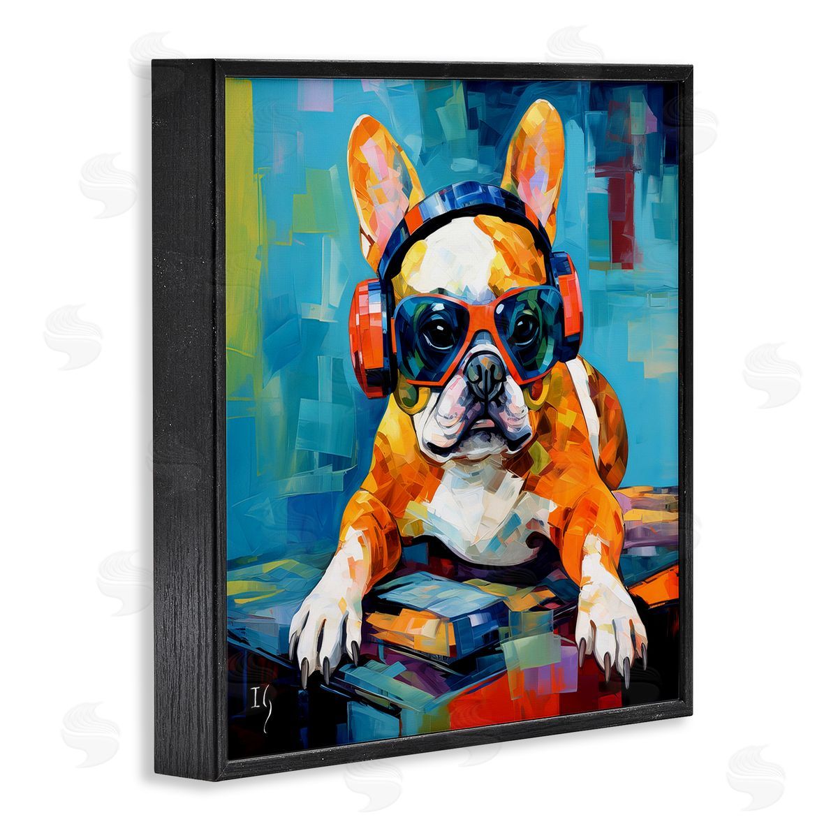 French Bulldog with Headphones Black Frame Print Wall Art, Home Decor by Ivan Guaderrama