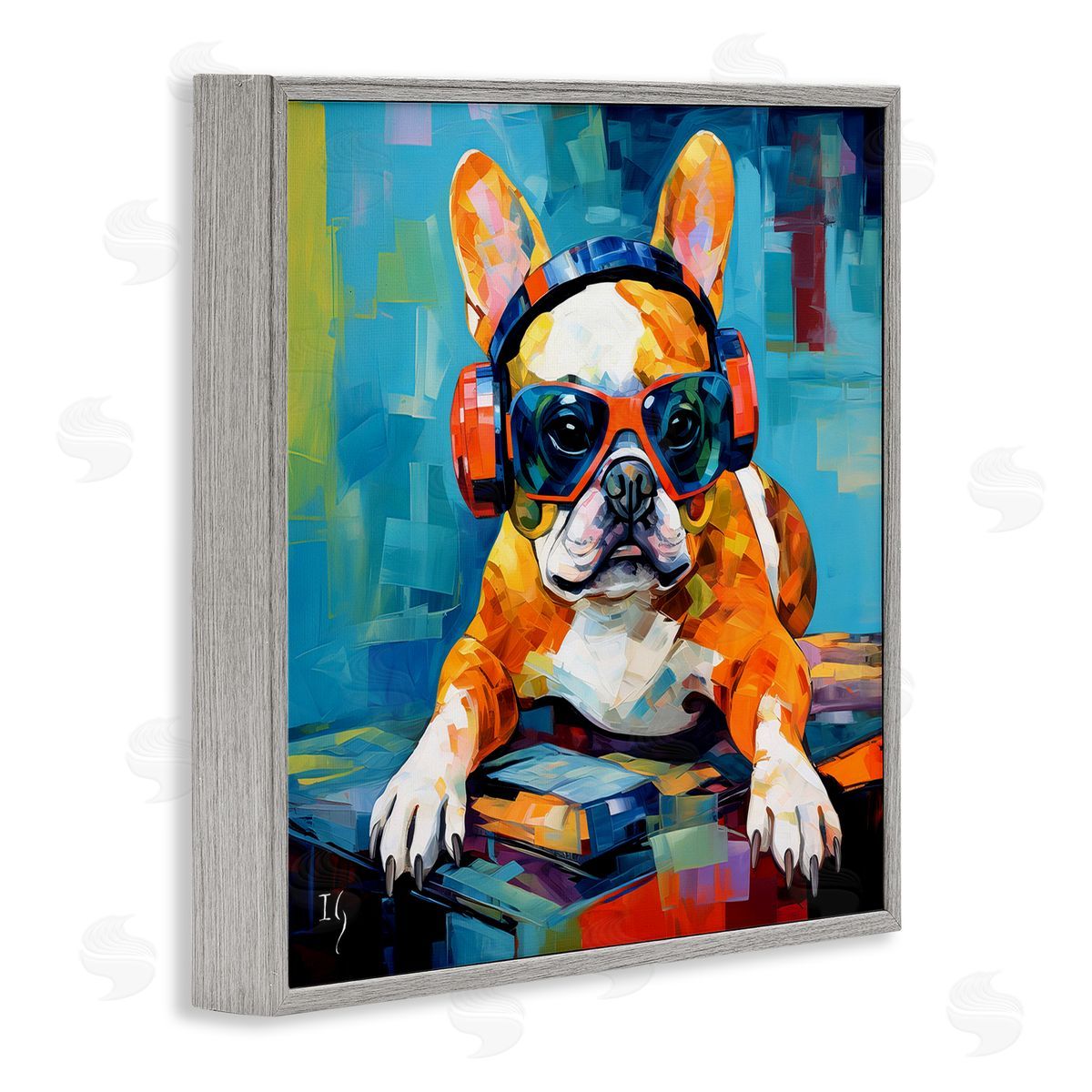 French Bulldog with Headphones Grey Frame Print Wall Art, Home Decor by Ivan Guaderrama