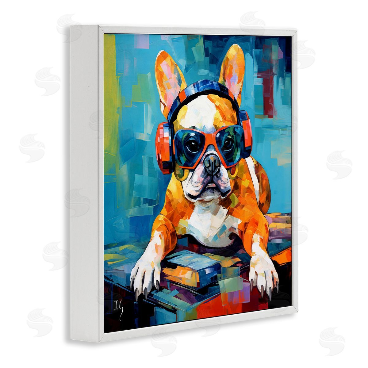 French Bulldog with Headphones White Frame Print Wall Art, Home Decor by Ivan Guaderrama