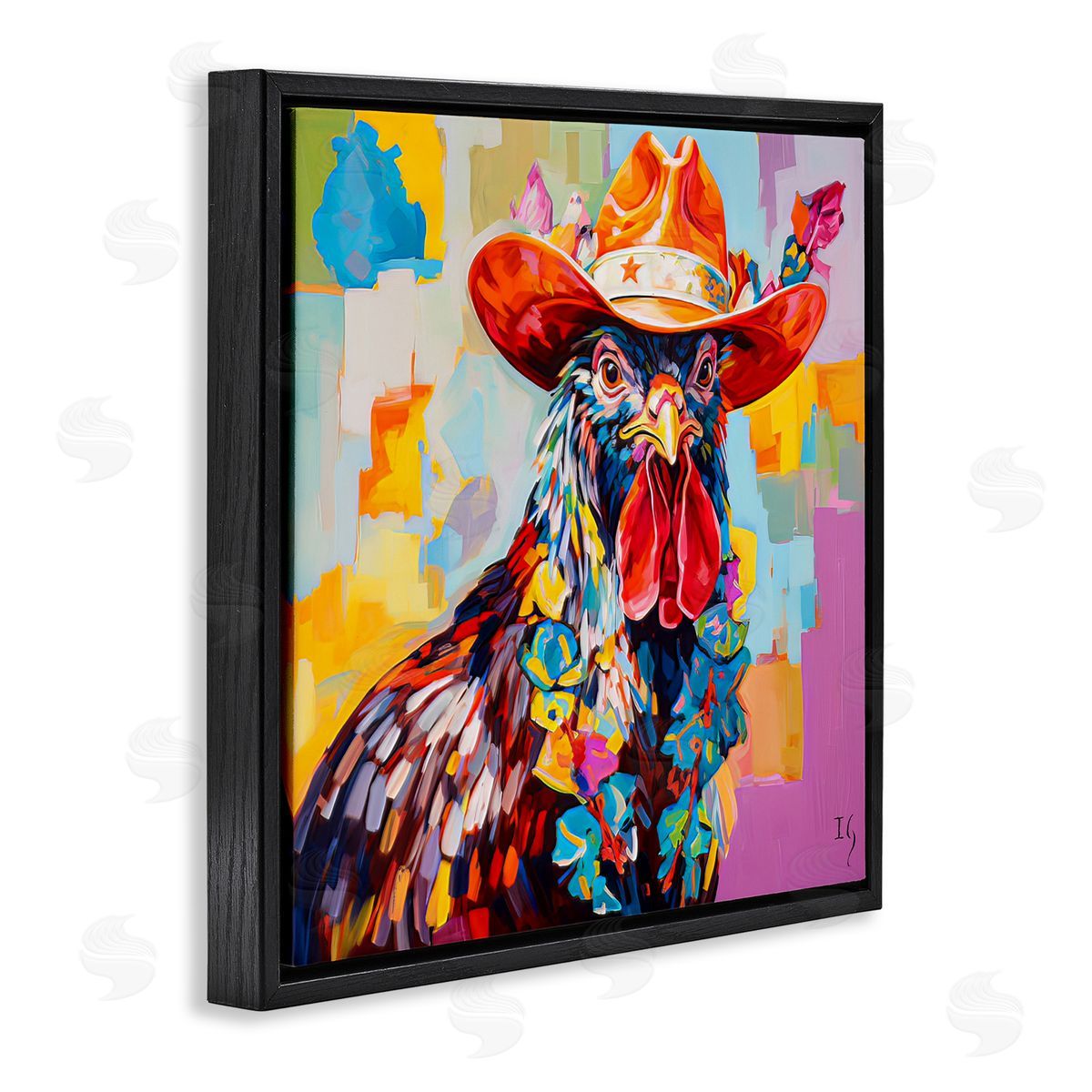 Modern Cowboy Rooster Black Floating Frame Canvas Wall Art, Home Decor by Ivan Guaderrama