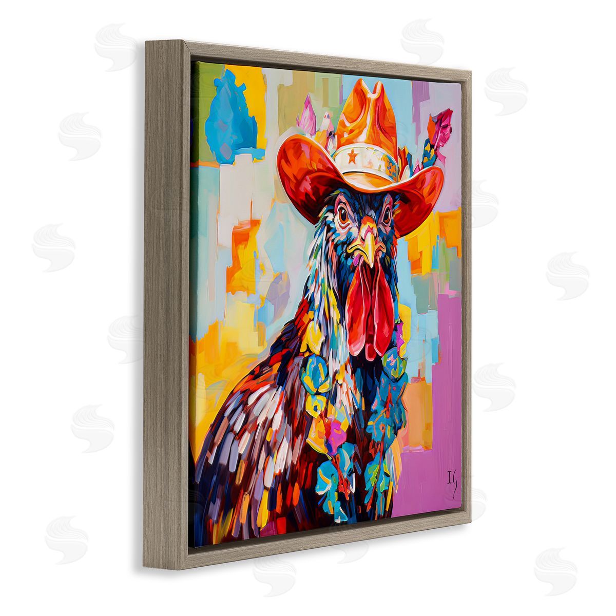 Modern Cowboy Rooster Brown Floating Frame Canvas Wall Art, Home Decor by Ivan Guaderrama