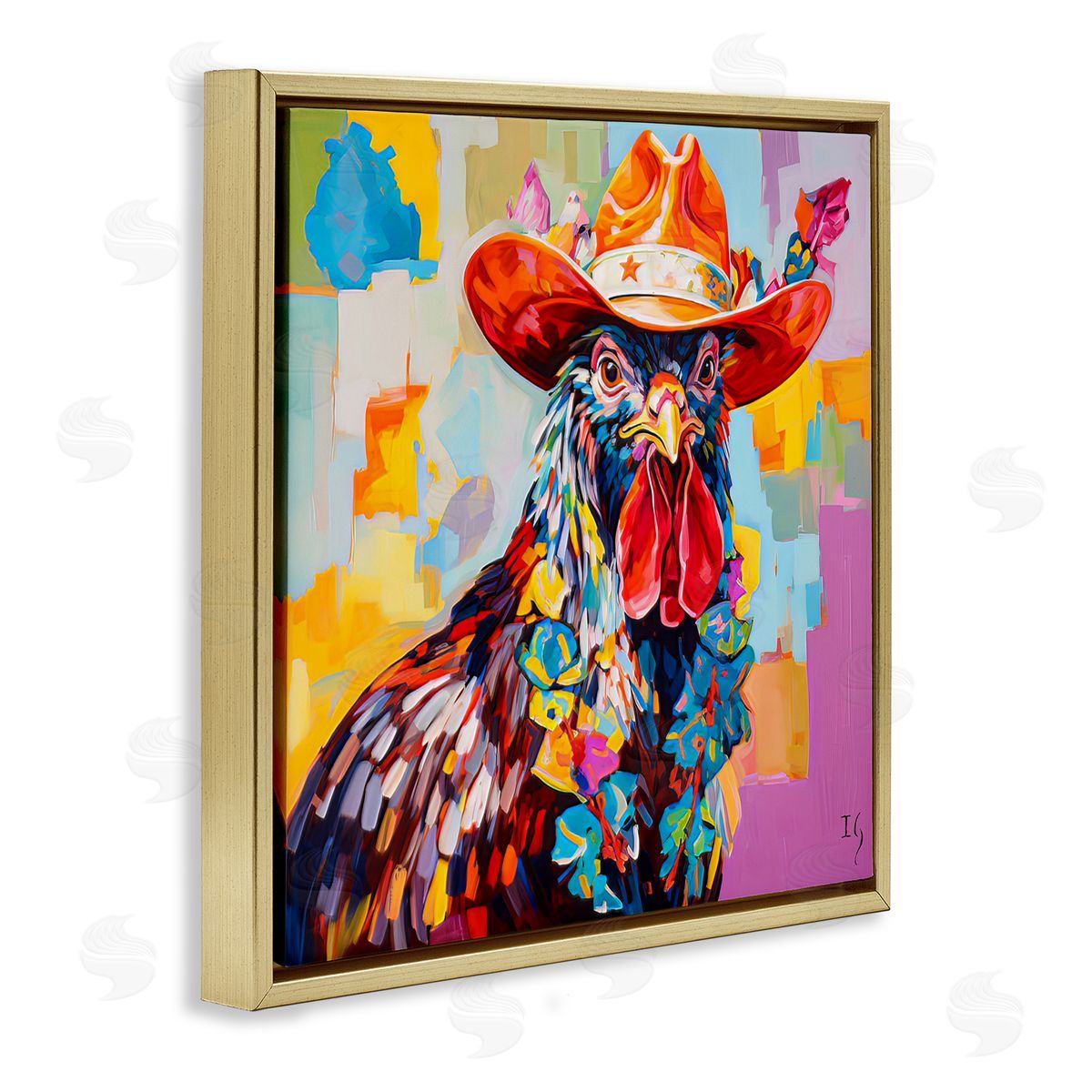 Modern Cowboy Rooster Gold Floating Frame Canvas Wall Art, Home Decor by Ivan Guaderrama