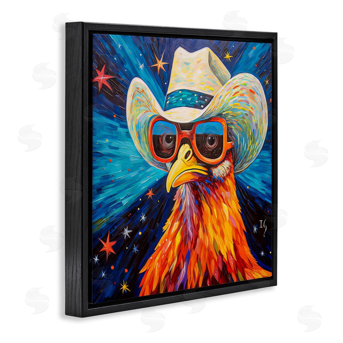 Cowboy Chicken with Stars Black Floating Frame Canvas Wall Art, Home Decor by Ivan Guaderrama