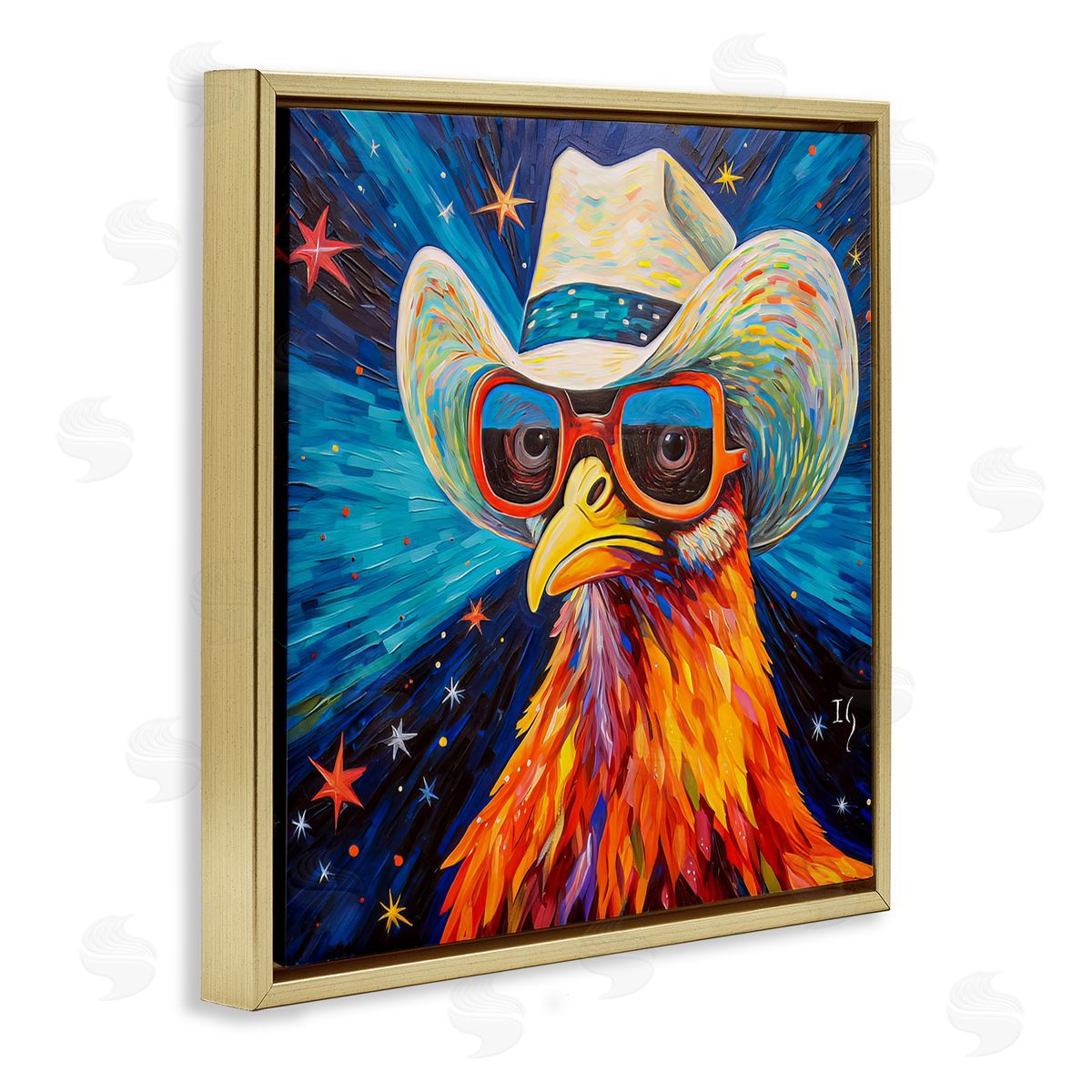 Cowboy Chicken with Stars Gold Floating Frame Canvas Wall Art, Home Decor by Ivan Guaderrama