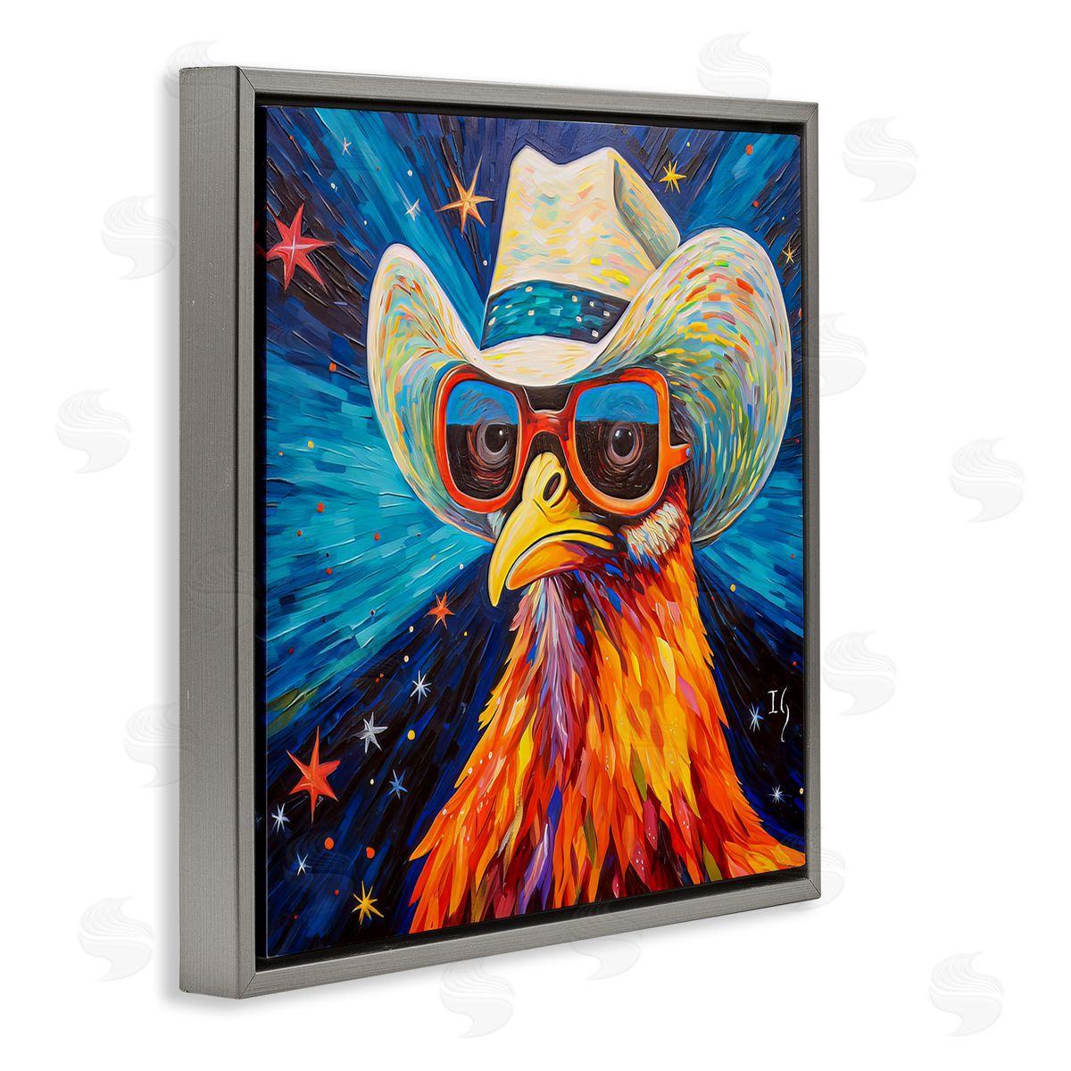 Cowboy Chicken with Stars Grey Floating Frame Canvas Wall Art, Home Decor by Ivan Guaderrama