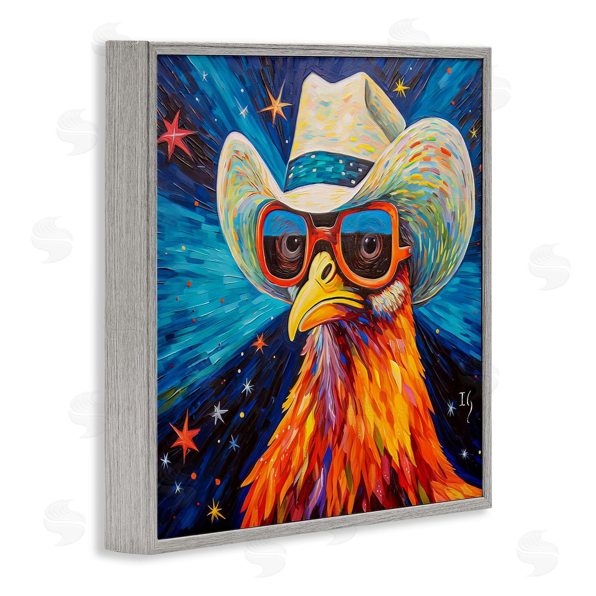 Cowboy Chicken with Stars Grey Frame Print Wall Art, Home Decor by Ivan Guaderrama