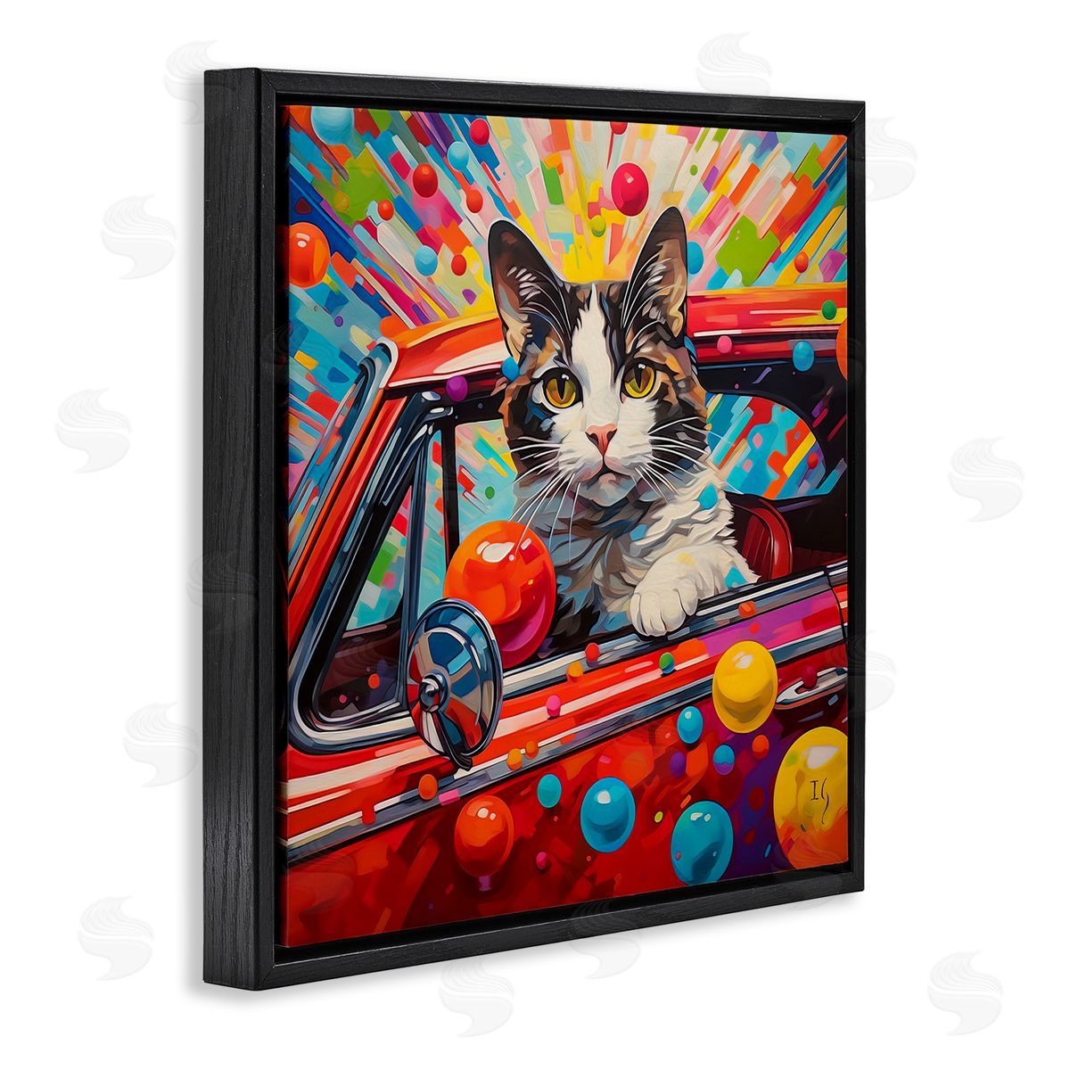 Driving Cat with Bold Pattern Black Floating Frame Canvas Wall Art, Home Decor by Ivan Guaderrama