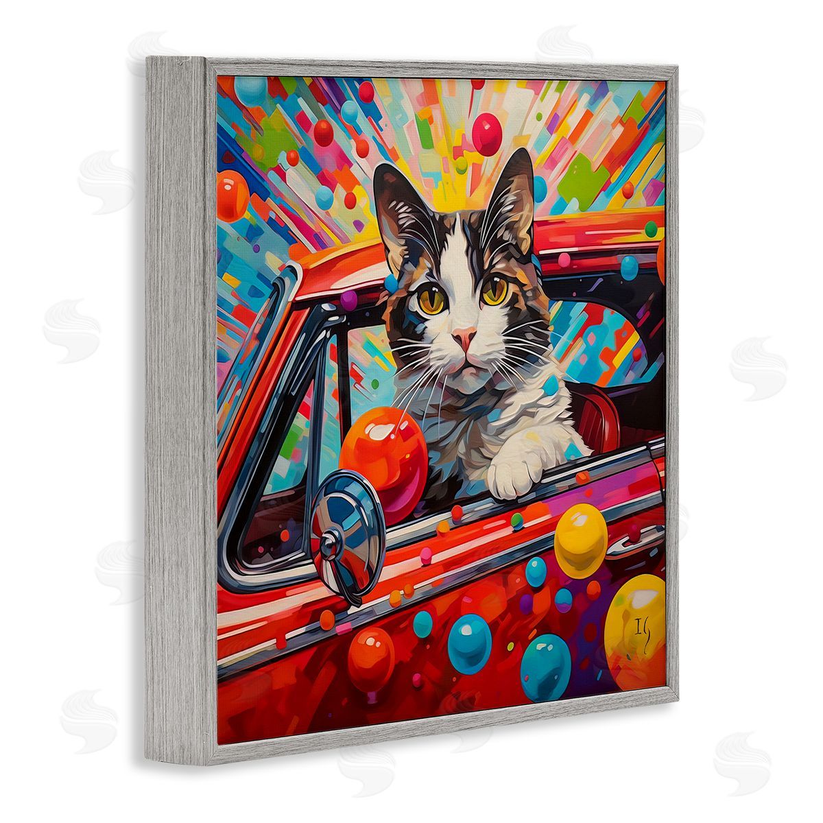 Driving Cat with Bold Pattern Grey Frame Print Wall Art, Home Decor by Ivan Guaderrama