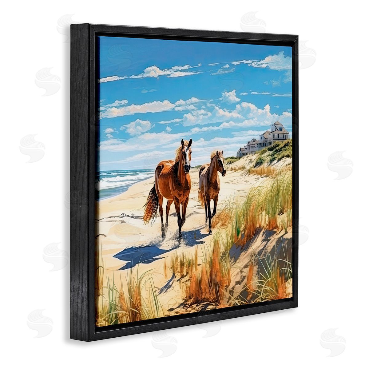 Galloping Beach Horses Black Floating Frame Canvas Wall Art, Home Decor by Jim Baldwin