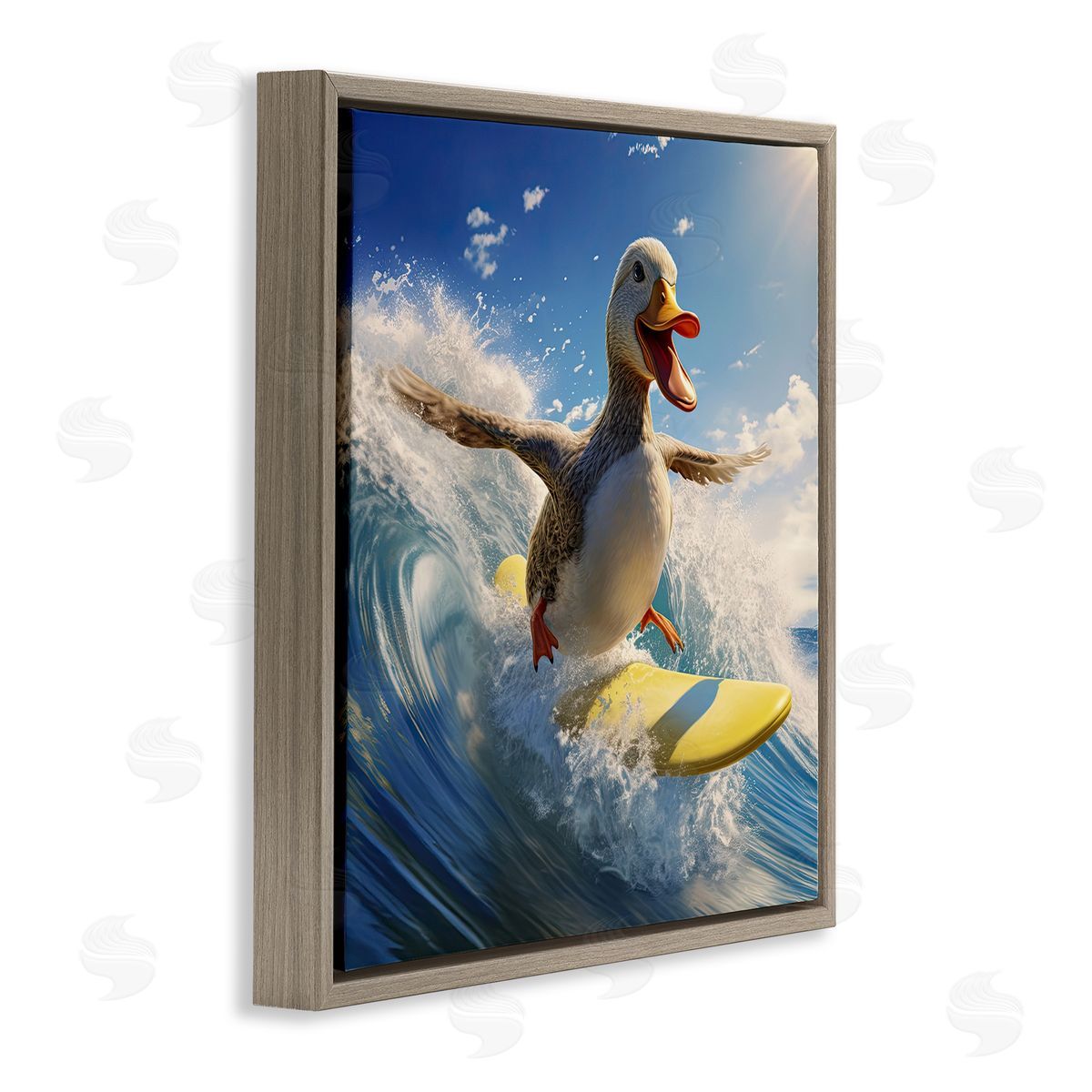 Happy Surfing Duck Brown Floating Frame Canvas Wall Art, Home Decor by Jim Baldwin