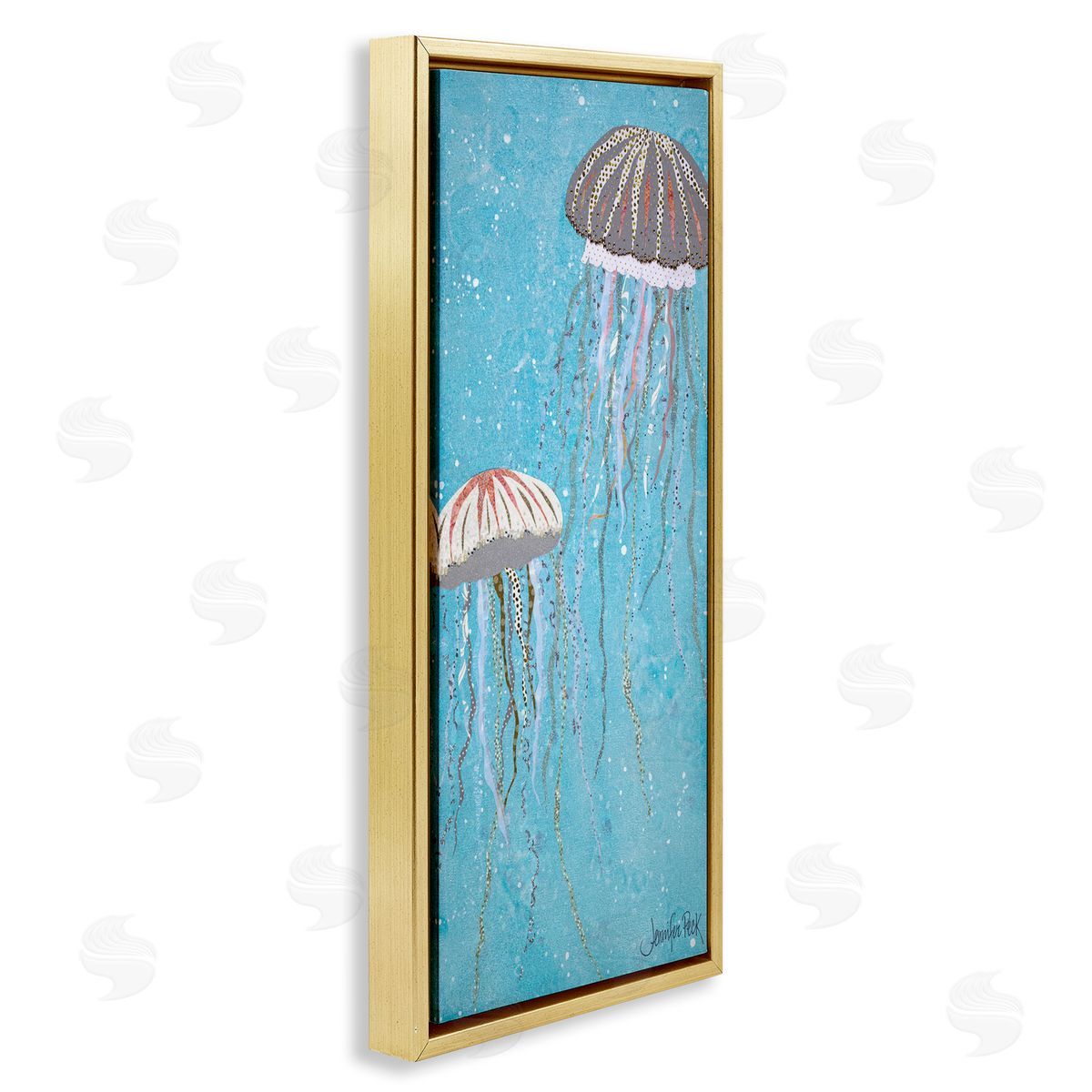 Crystal Jellyfish Motif Gold Floating Frame Canvas Wall Art, Home Decor by Jennifer Peck