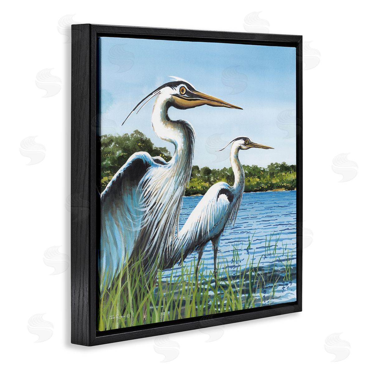 Traditional Egrets Gazing Black Floating Frame Canvas Wall Art, Home Decor by John Rossini