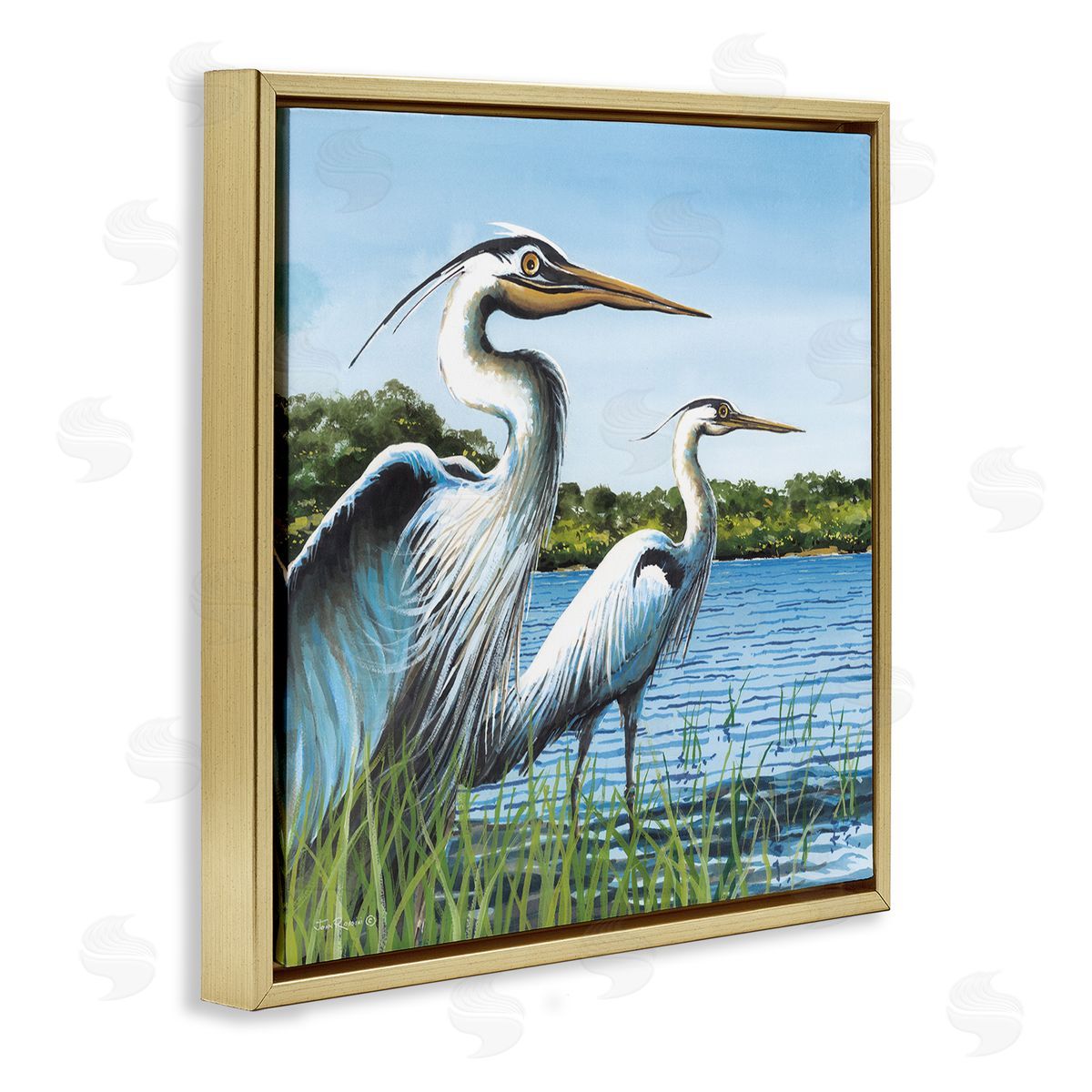 Traditional Egrets Gazing Gold Floating Frame Canvas Wall Art, Home Decor by John Rossini