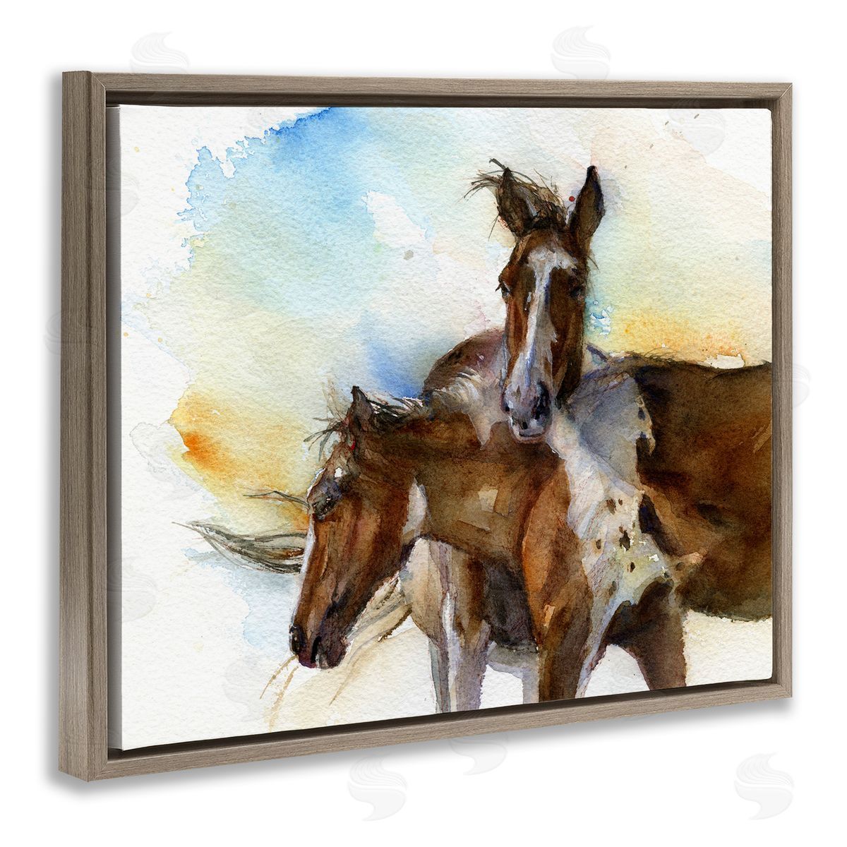 Brown Horses Watercolor Brown Floating Frame Canvas Wall Art, Home Decor by John Keeling