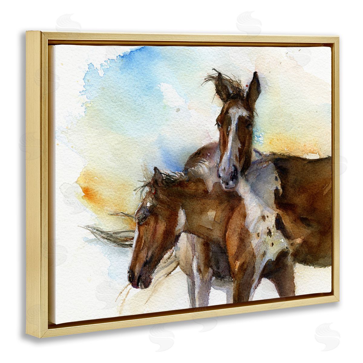 Brown Horses Watercolor Gold Floating Frame Canvas Wall Art, Home Decor by John Keeling