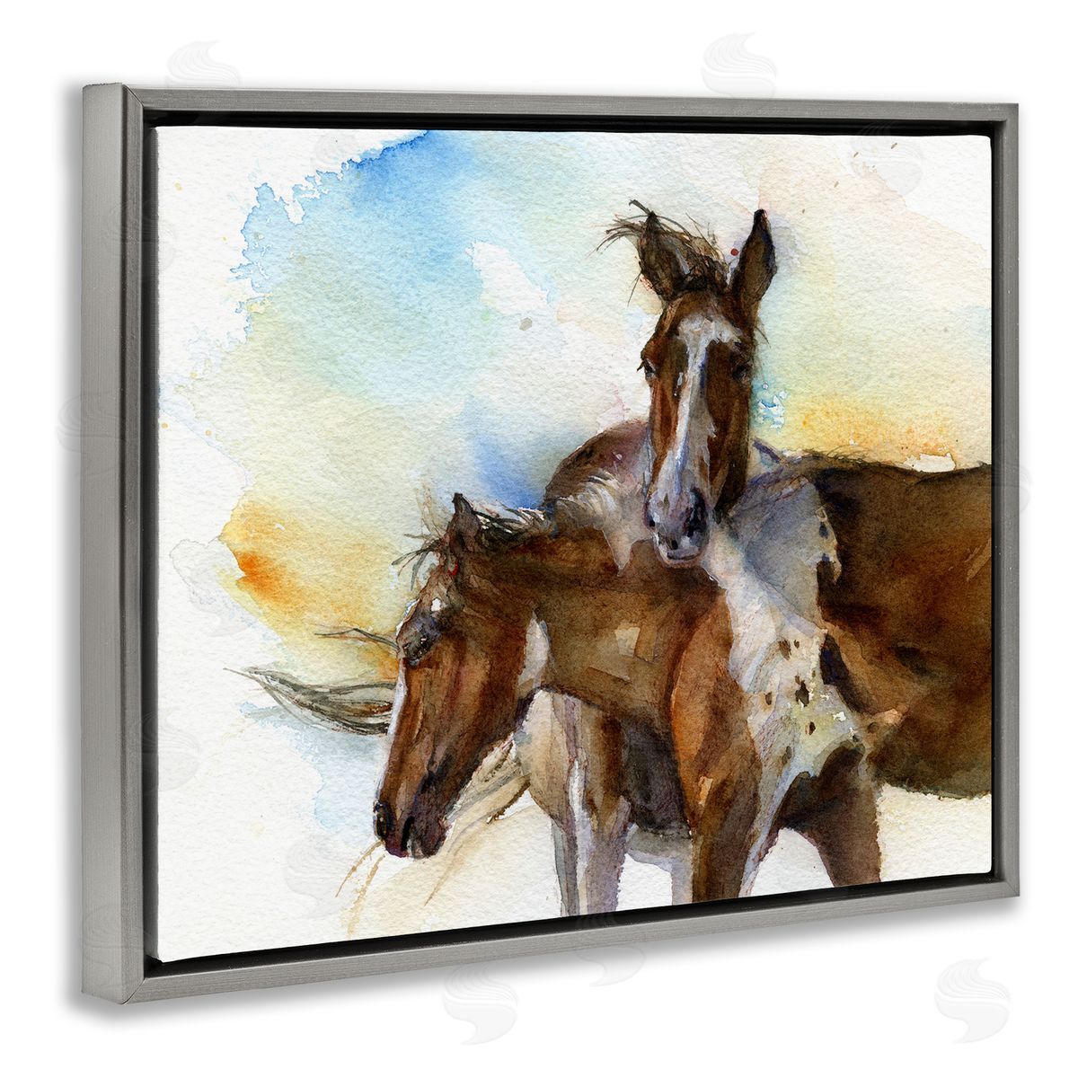 Brown Horses Watercolor Grey Floating Frame Canvas Wall Art, Home Decor by John Keeling