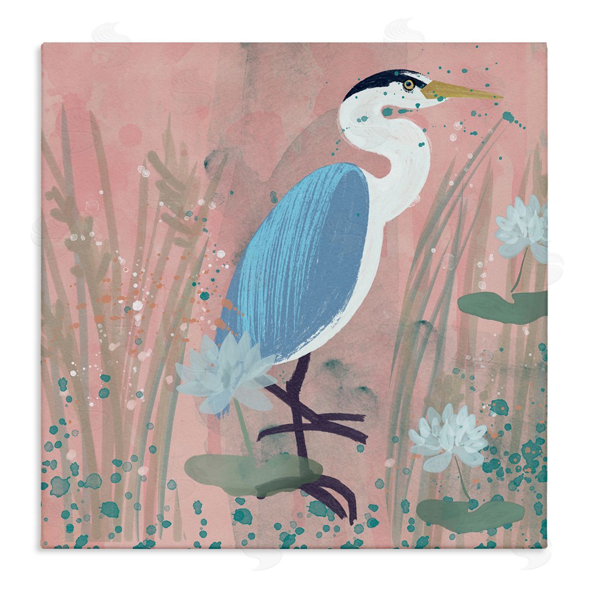 Coastal Bird with Lotus Flowers Canvas Wall Art, Home Decor by Juliet Rose Philips