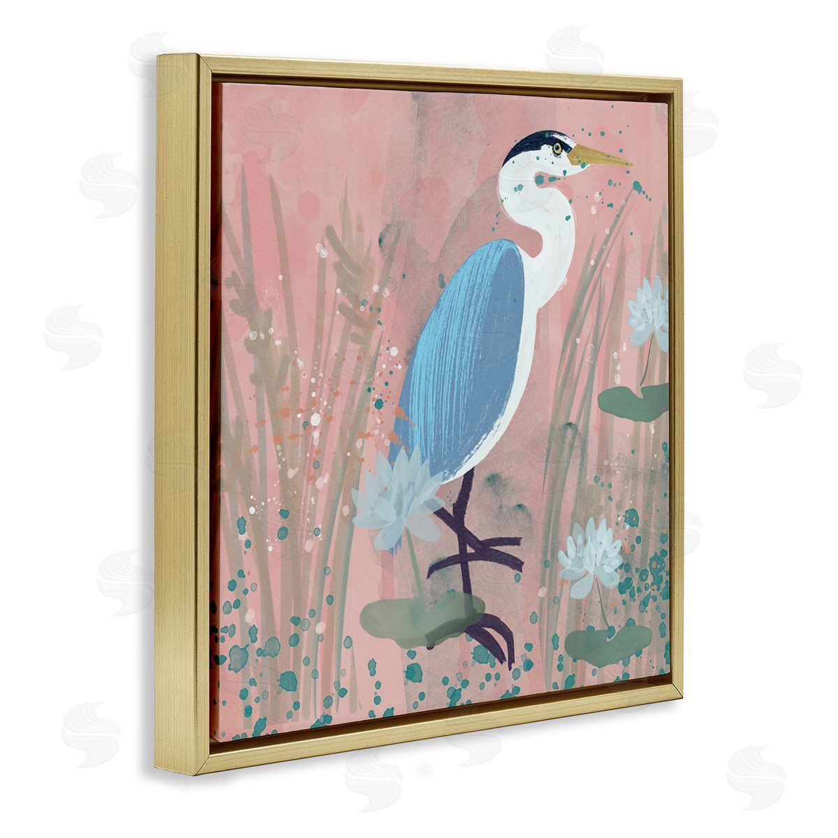 Coastal Bird with Lotus Flowers Gold Floating Frame Canvas Wall Art, Home Decor by Juliet Rose Philips