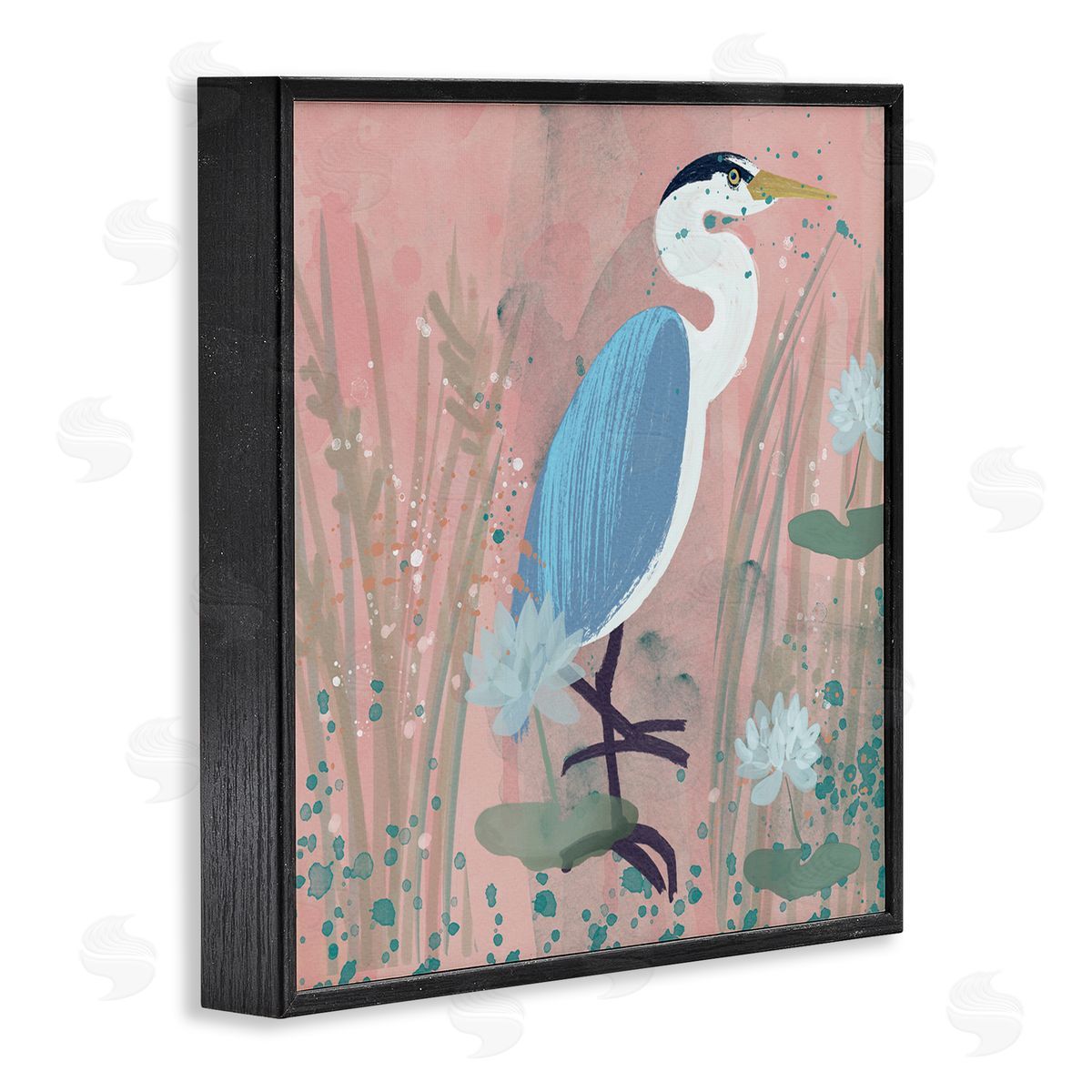 Coastal Bird with Lotus Flowers Black Frame Print Wall Art, Home Decor by Juliet Rose Philips