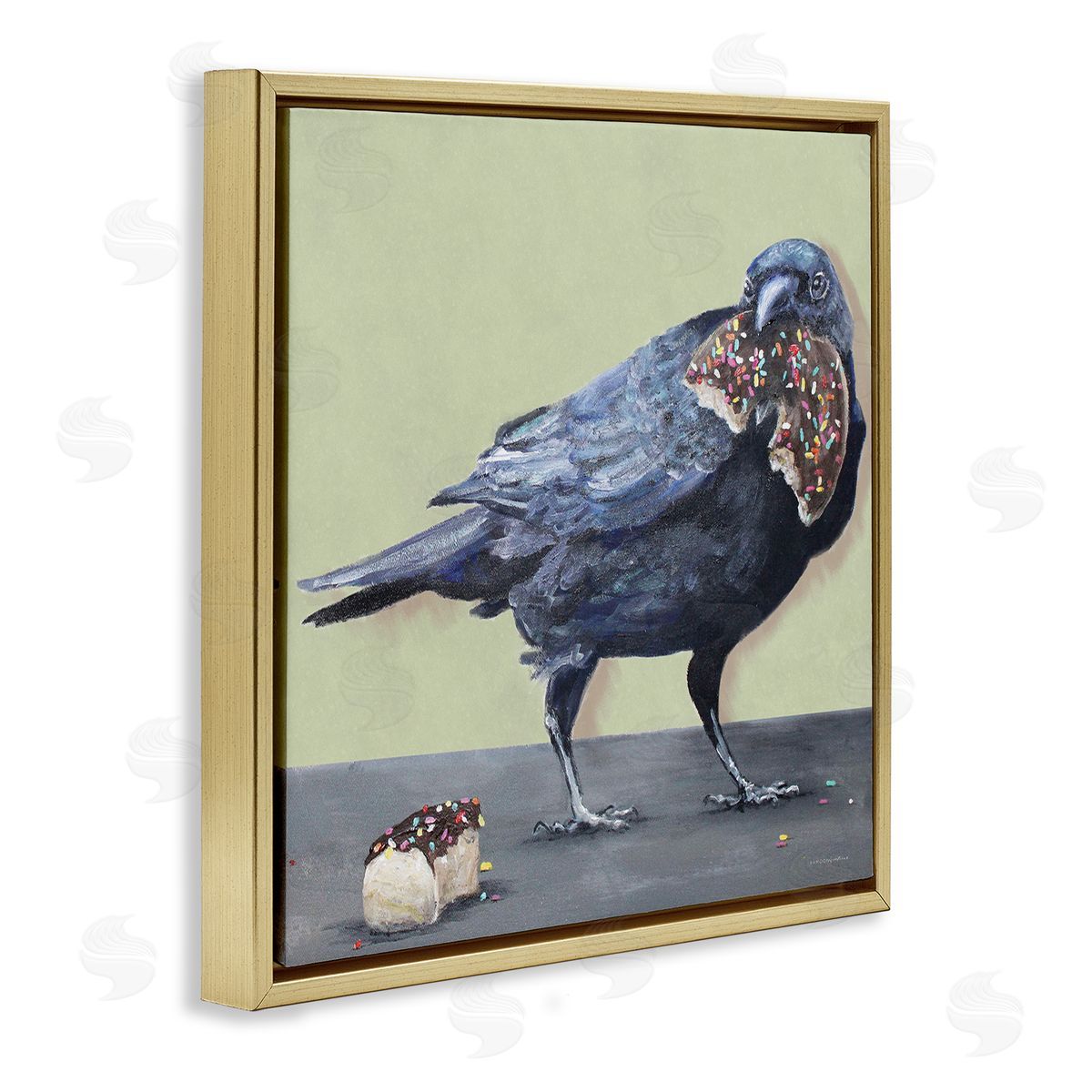 Crow Eating Donut Gold Floating Frame Canvas Wall Art, Home Decor by Kamdon Kreations