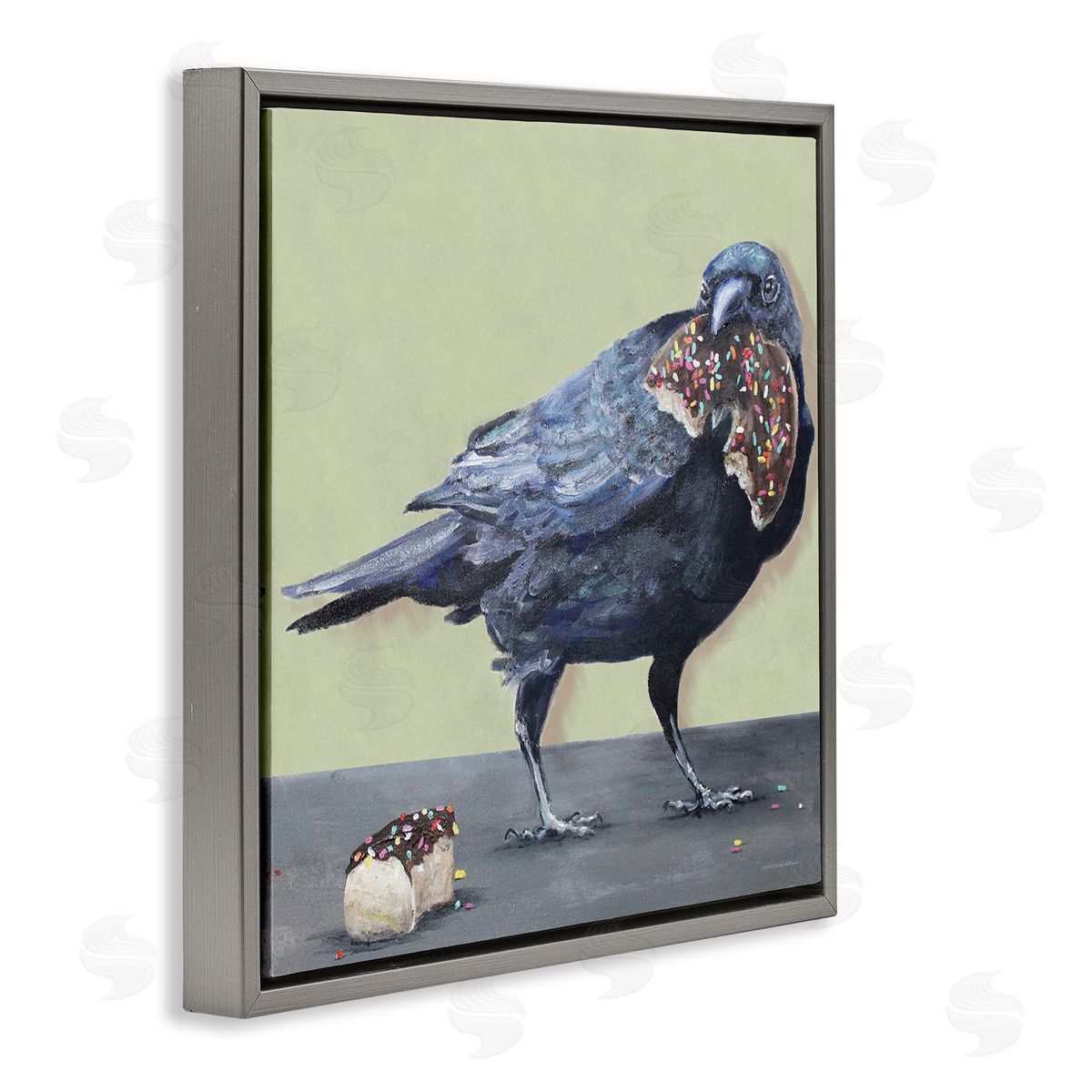 Crow Eating Donut Grey Floating Frame Canvas Wall Art, Home Decor by Kamdon Kreations
