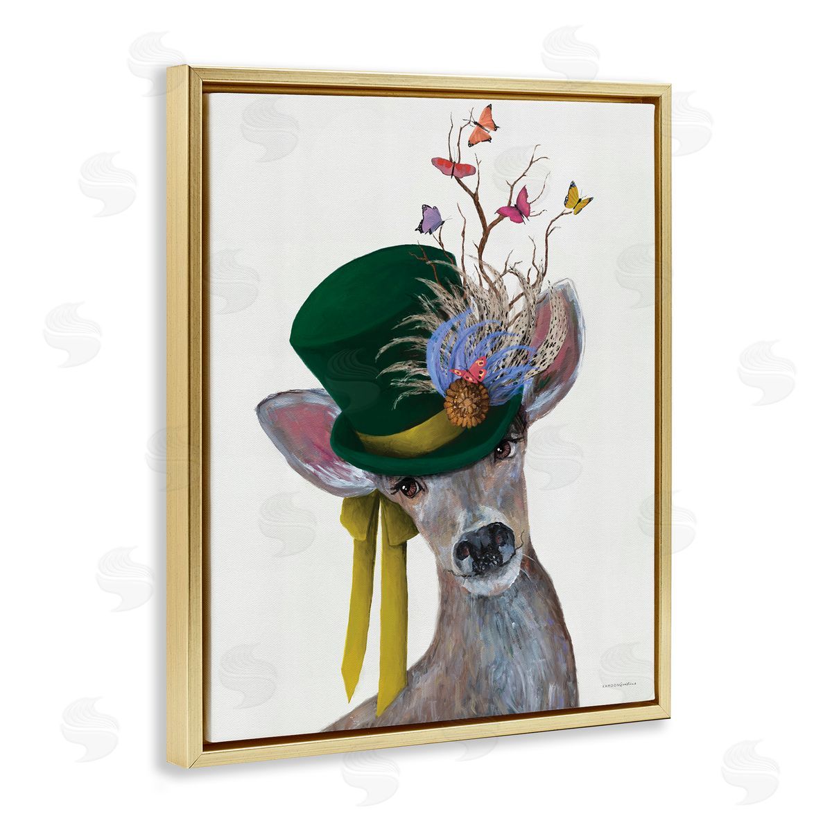 Deer with Butterfly Hat Gold Floating Frame Canvas Wall Art, Home Decor by Kamdon Kreations