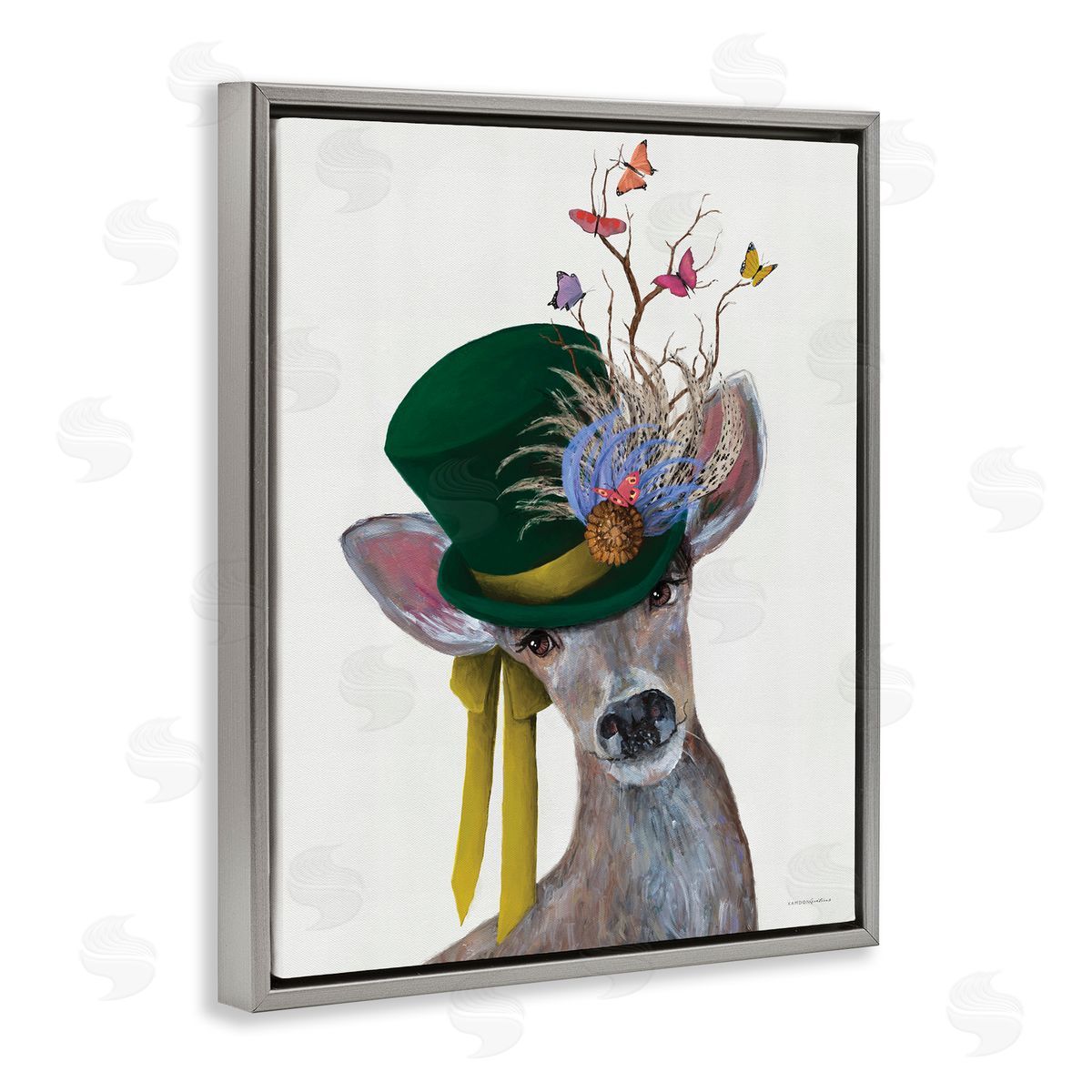 Deer with Butterfly Hat Grey Floating Frame Canvas Wall Art, Home Decor by Kamdon Kreations