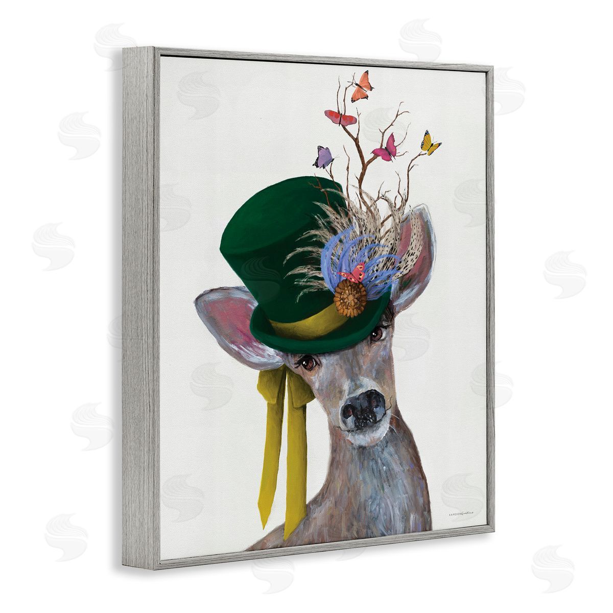 Deer with Butterfly Hat Grey Frame Print Wall Art, Home Decor by Kamdon Kreations