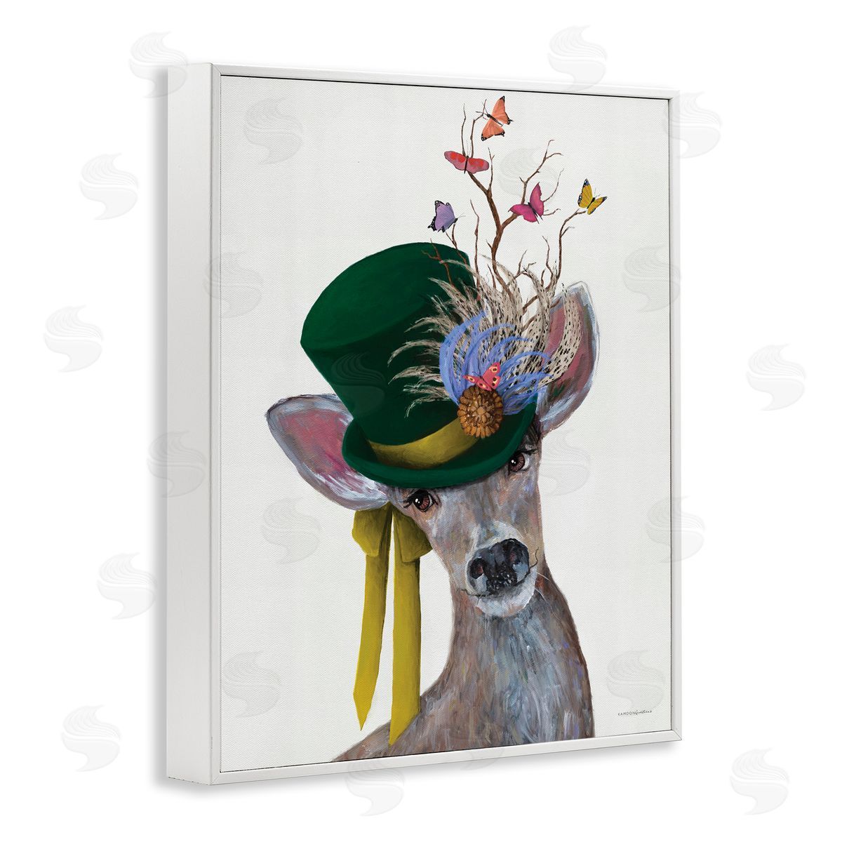 Deer with Butterfly Hat White Frame Print Wall Art, Home Decor by Kamdon Kreations