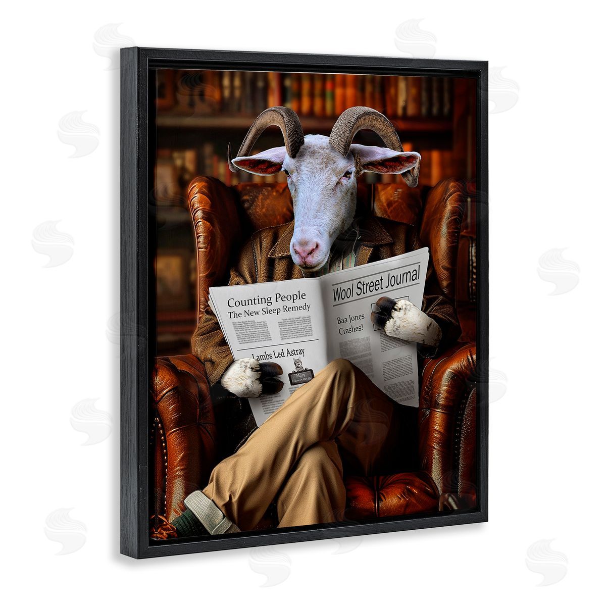 Goat in Vintage Library Black Floating Frame Canvas Wall Art, Home Decor by Karen Burke