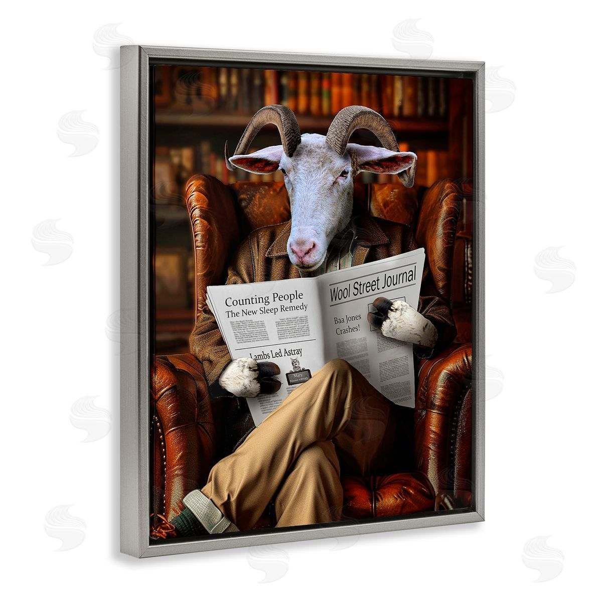 Goat in Vintage Library Grey Floating Frame Canvas Wall Art, Home Decor by Karen Burke