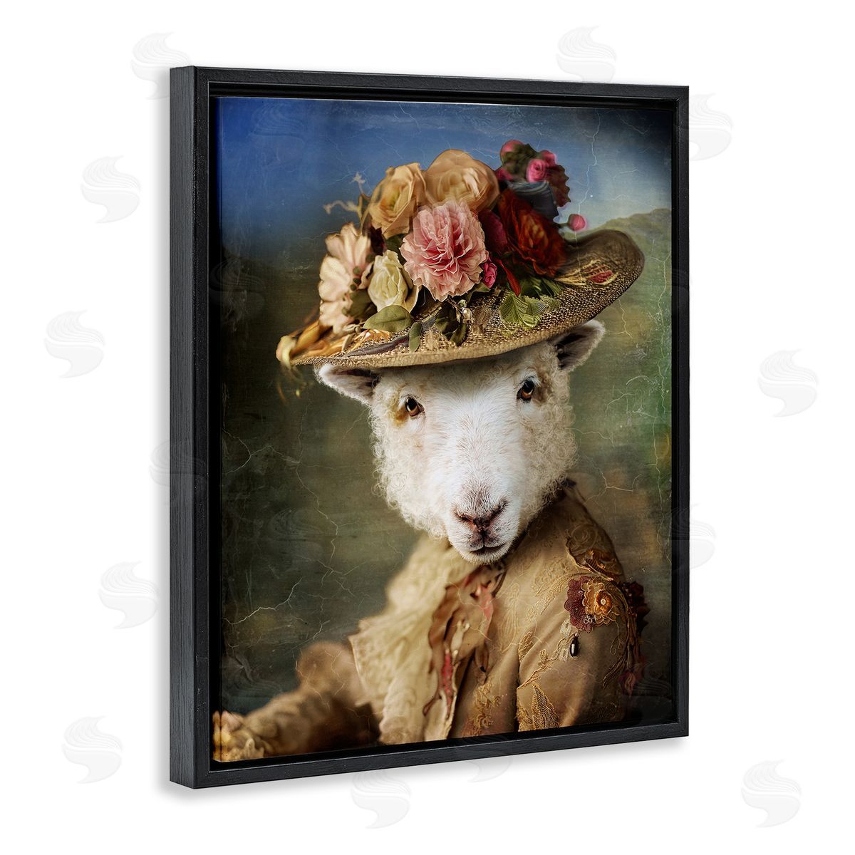 Lamb with Floral Hat Black Floating Frame Canvas Wall Art, Home Decor by Karen Burke