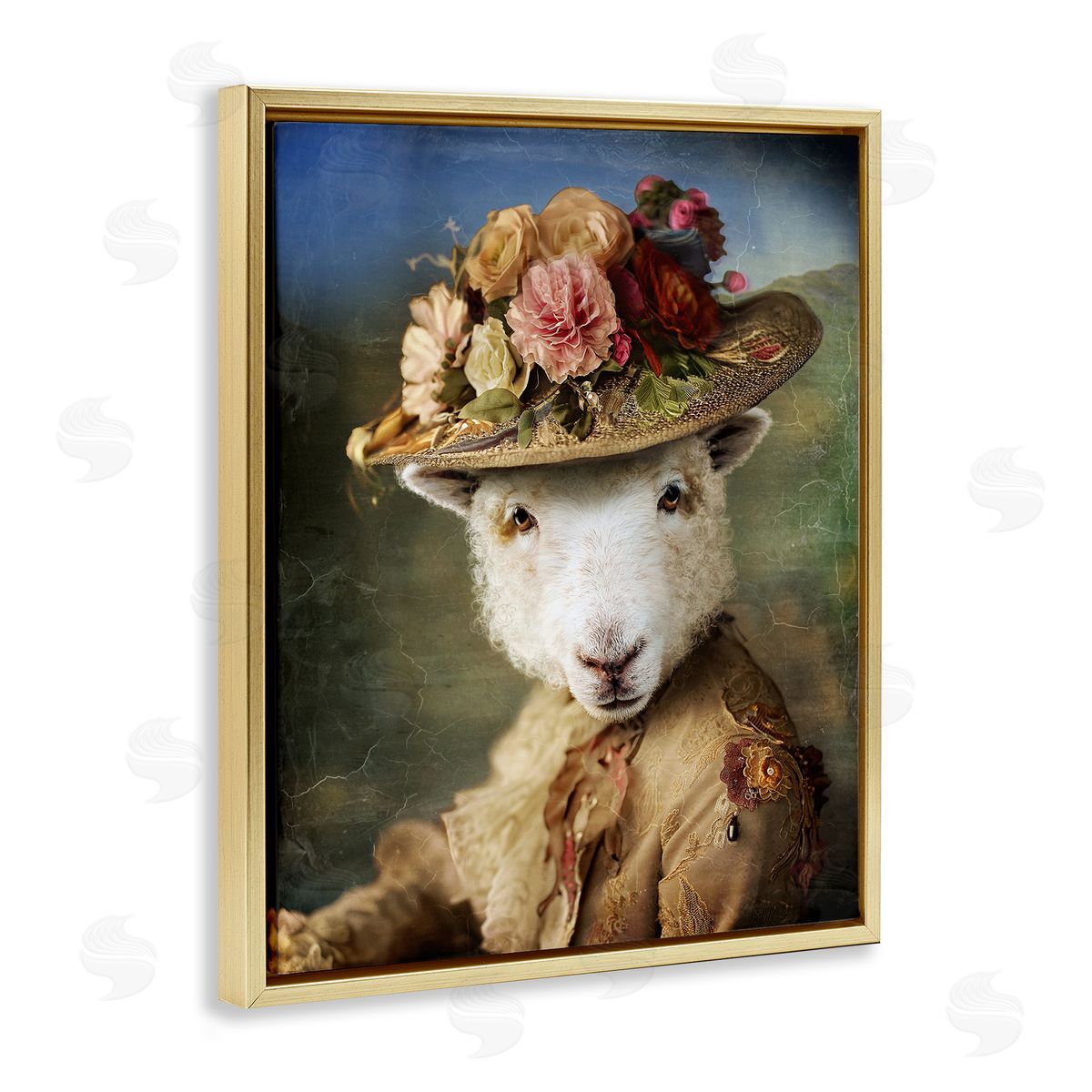 Lamb with Floral Hat Gold Floating Frame Canvas Wall Art, Home Decor by Karen Burke