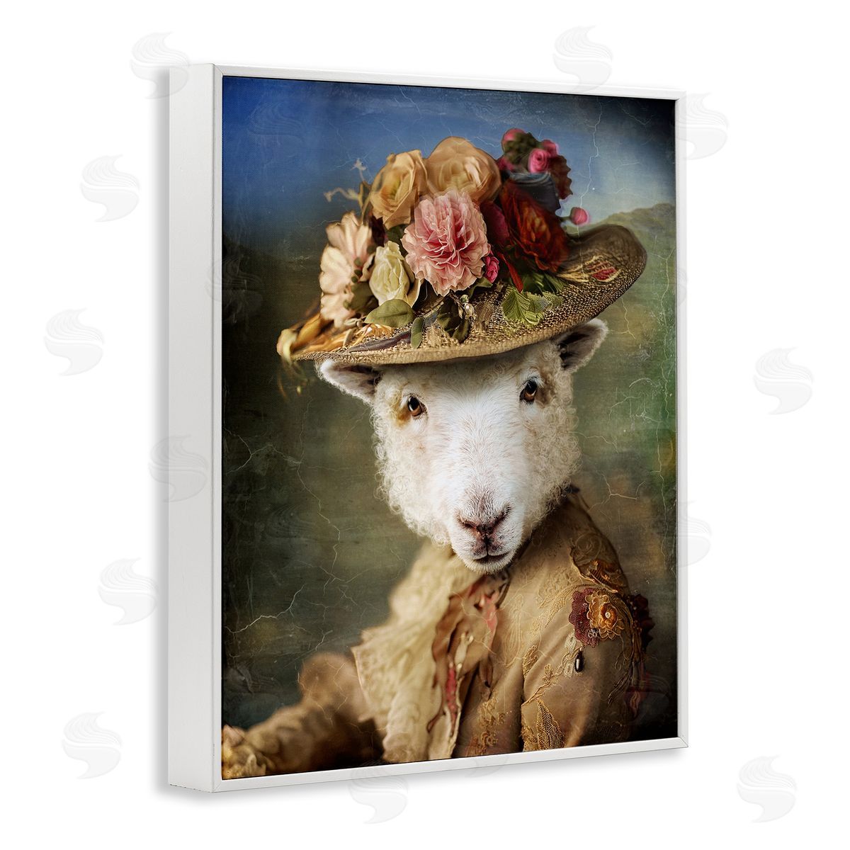 Lamb with Floral Hat White Frame Print Wall Art, Home Decor by Karen Burke