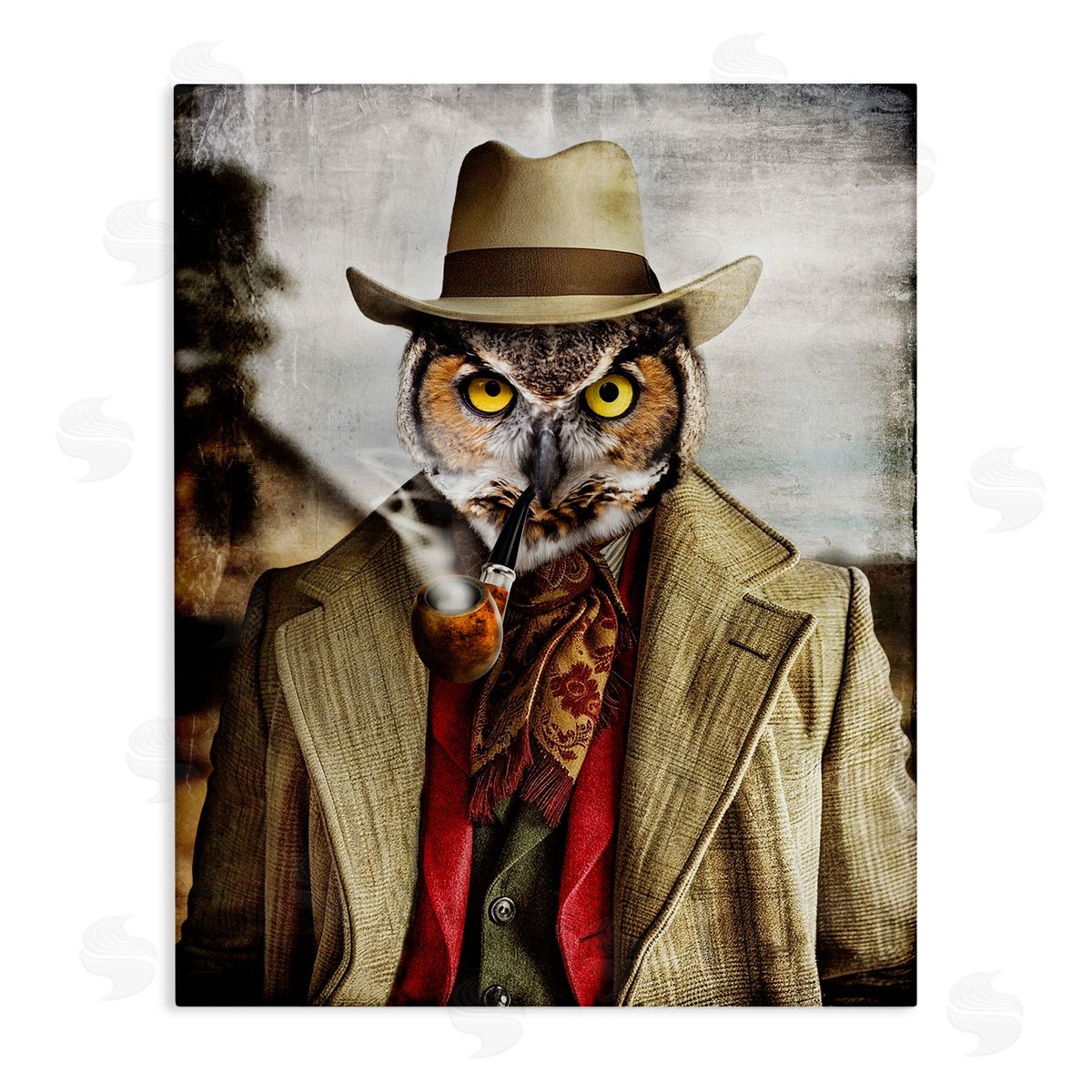 Owl with Classic Pipe Canvas Wall Art, Home Decor by Karen Burke