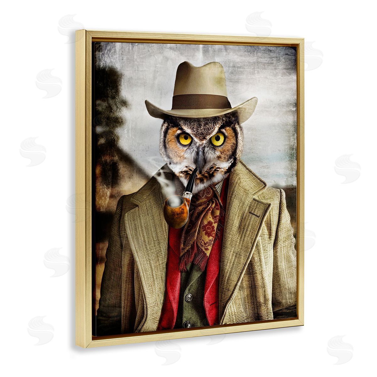 Owl with Classic Pipe Gold Floating Frame Canvas Wall Art, Home Decor by Karen Burke