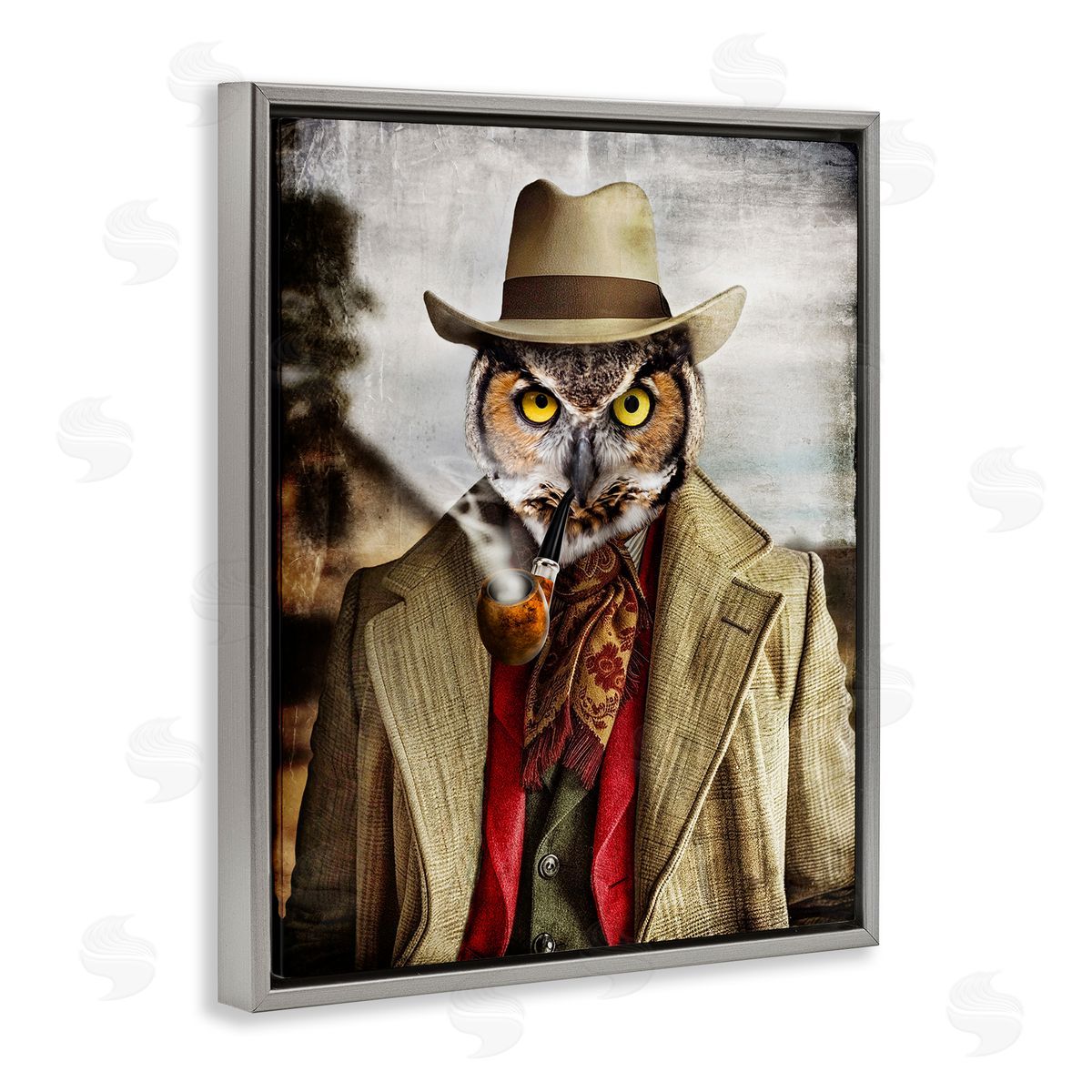 Owl with Classic Pipe Grey Floating Frame Canvas Wall Art, Home Decor by Karen Burke