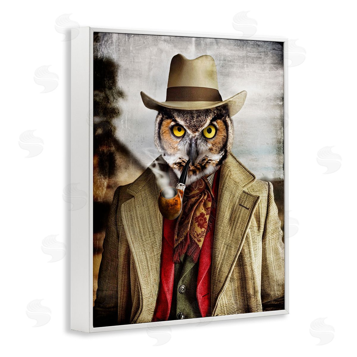 Owl with Classic Pipe White Frame Print Wall Art, Home Decor by Karen Burke
